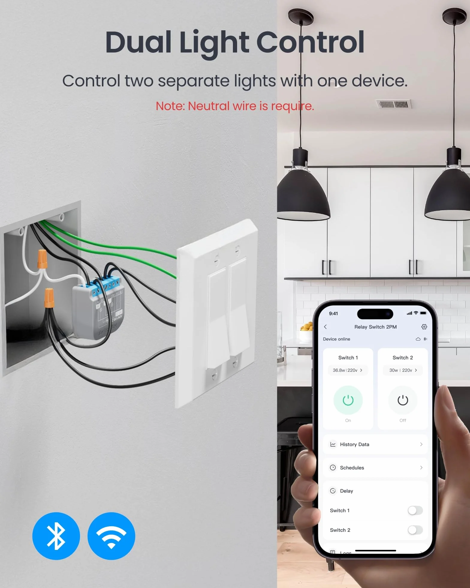 SwitchBot Przełącznik Wi-Fi 2PM kompatybilny z Alexa/Apple Home/Google Home, moduł przekaźnika z wbudowanym repeaterem Bluetooth i suchym kontaktem, Wi-Fi 2,4 GHz, 16 A