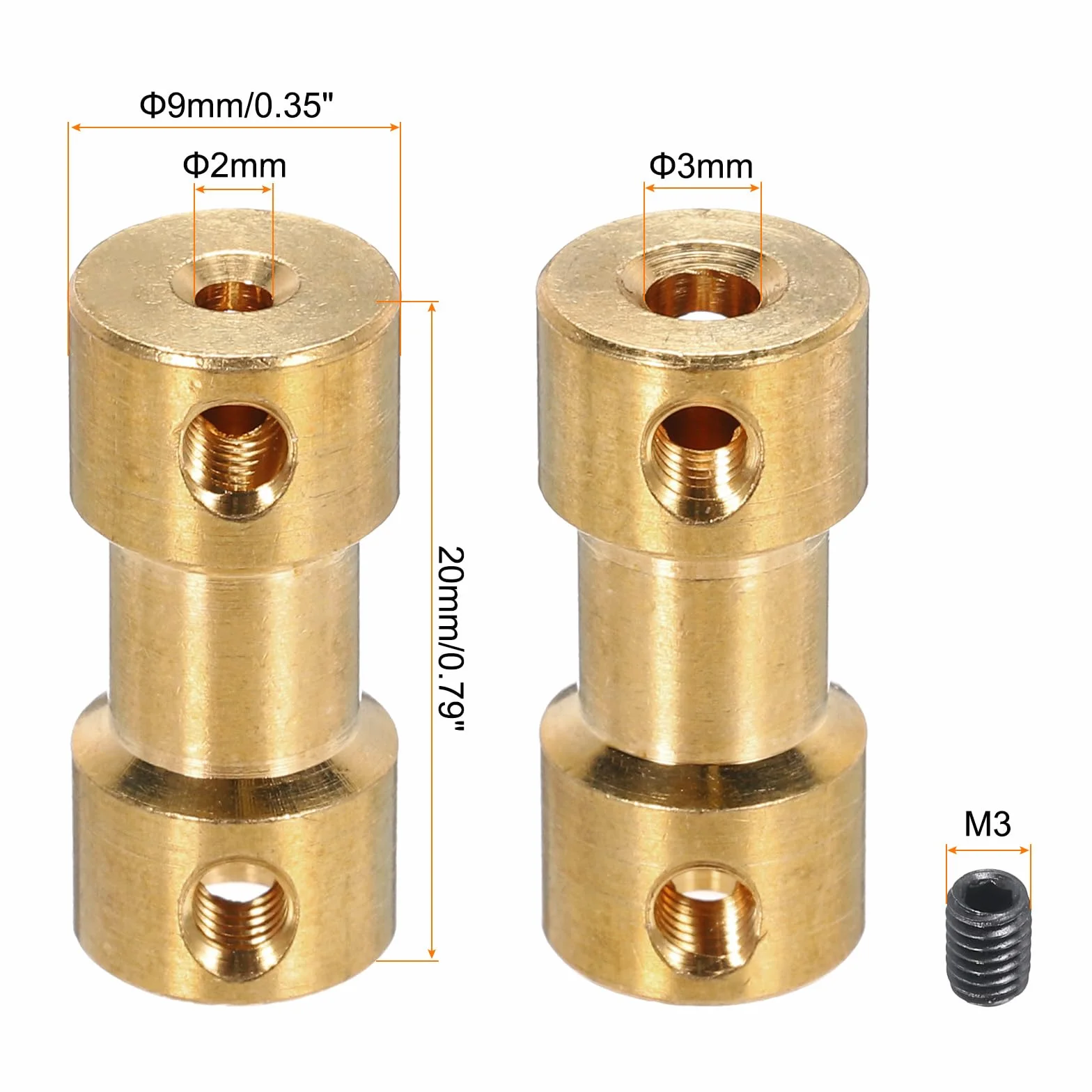 QUARKZMAN 2 mm 3 mm otwór sztywny sprzęgło, długość 20 mm, długość 9 mm Dia M3, mosiężne złącze wału, do drukarek 3D, kolor miedziany, z 8 szt. łączników 32 sztuki, śruby, 2 klucze