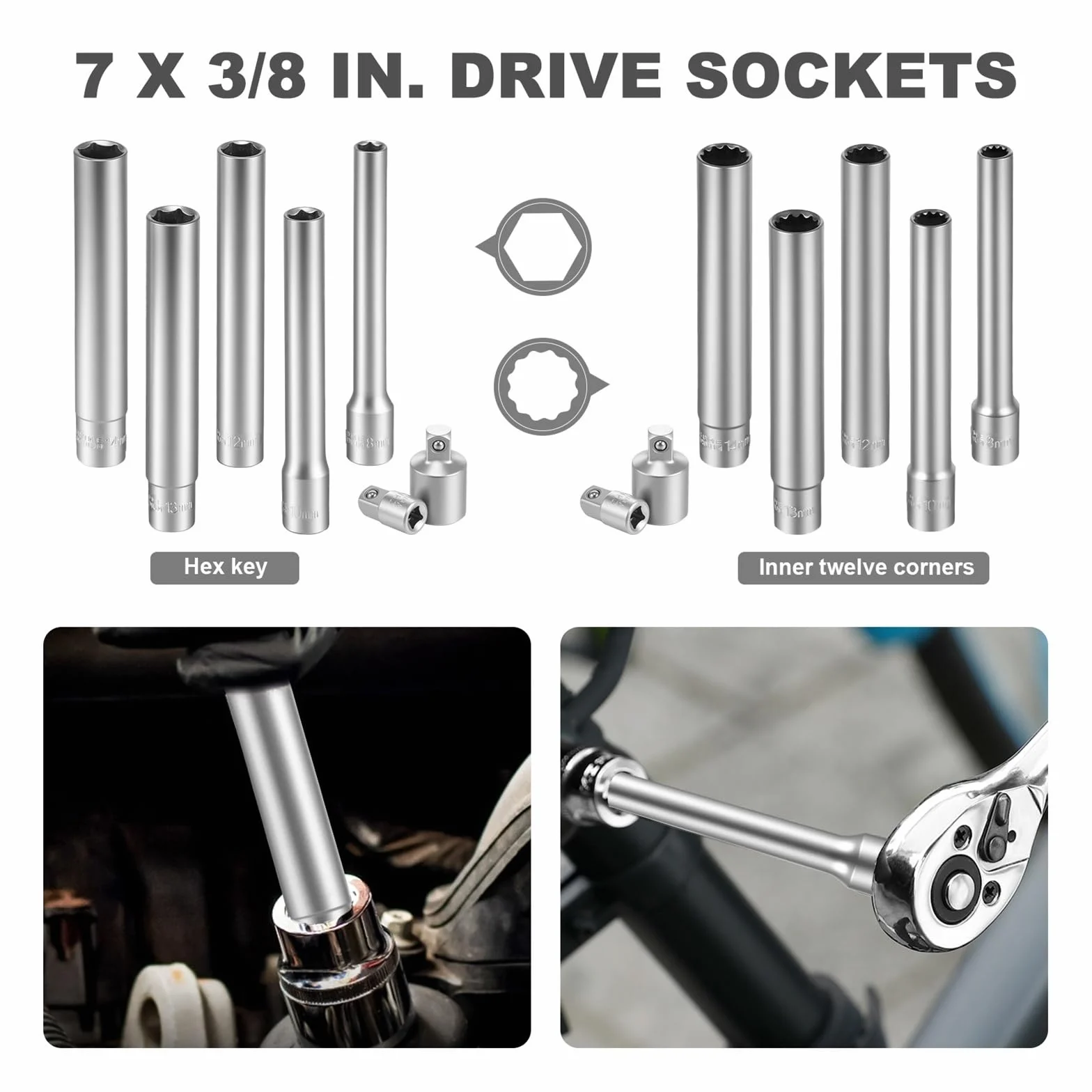 Zestaw nasadek udarowych 3/20.3 cm, głęboka nakrętka CRV z adapterem bitowym z grzechotką do klucza dynamometrycznego - 6-punktowe gniazda metryczne (5 szt. 12 punktów)