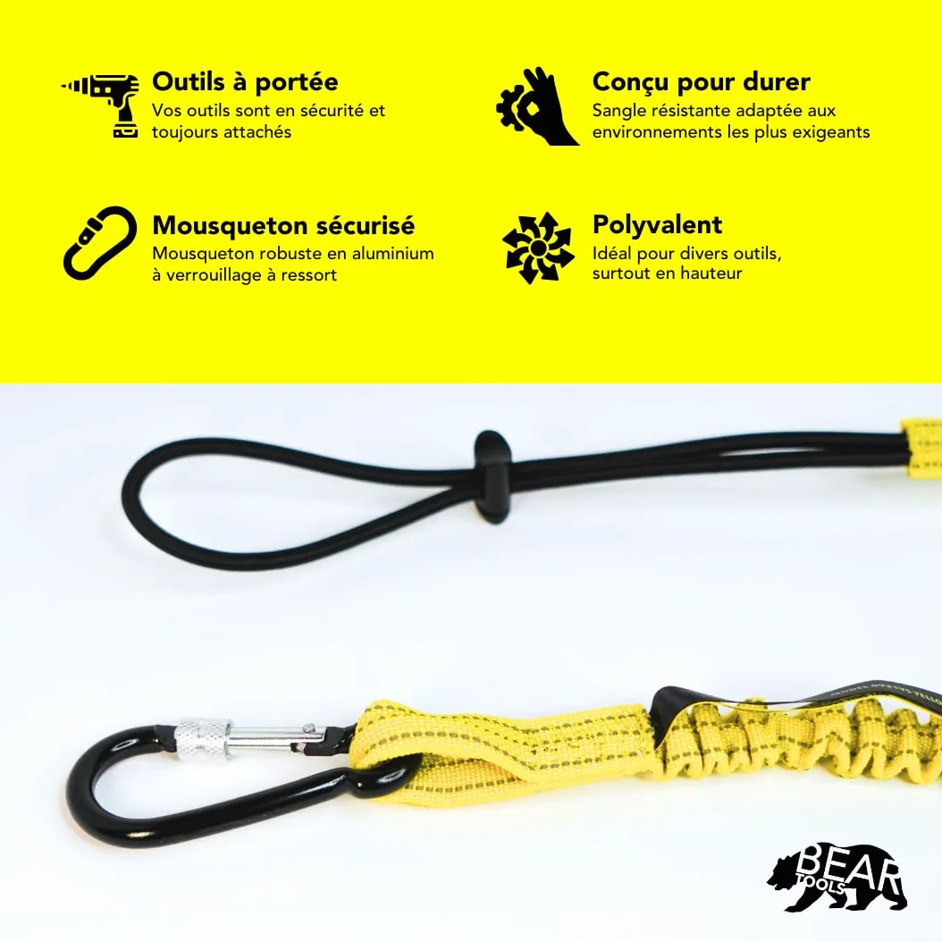BearTOOLS Smycz narzędziowa z paskiem klamrą - klips bungee sznur - wytrzymały karabińczyk blokujący śrubę - ochrona przed upadkiem - regulowana pętla - wytrzymały pas - konstrukcja - 5 opakowań (żółty 0925YS)