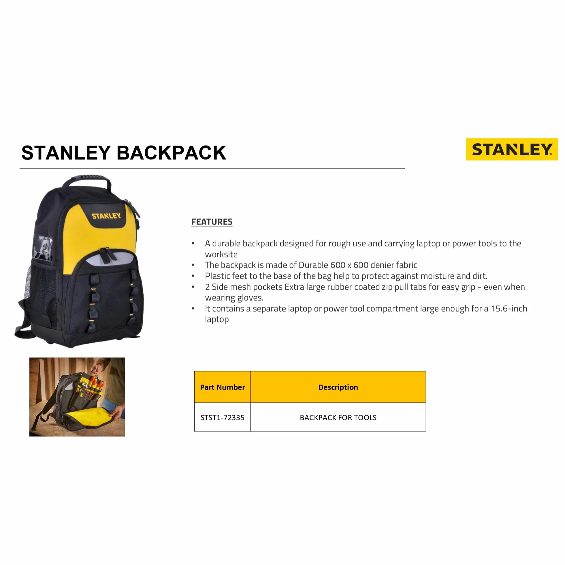 STANLEY Plecak roboczy, plecak na narzędzia (35 x 44 x 16 cm, wytrzymały nylon 600 x 600 Denier, separator wewnętrzny, ergonomiczny tył, plecak na akcesoria, dodatkowa kieszeń na narzędzia elektryczne