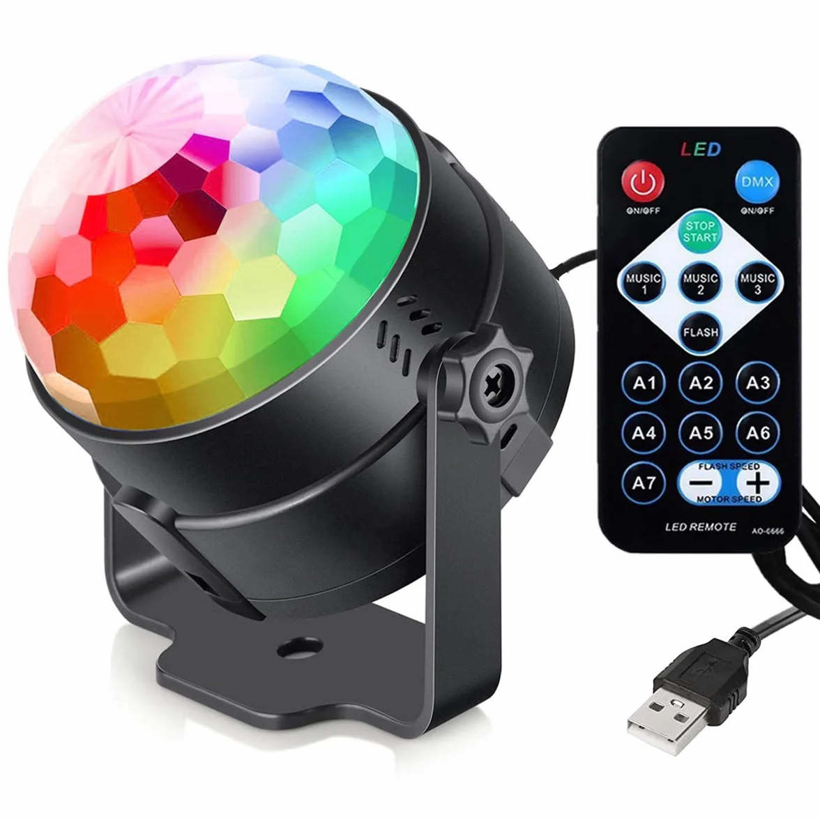 LED kula fasetowana disco regulacja dźwięku mała obrotowa lampa disco 360° 3W 7 kolorów RGB z pilotem zdalnego sterowania Nadaje się do gier oświetleniowych na wieczór, rodzinne przyjęcia urodzinowe,