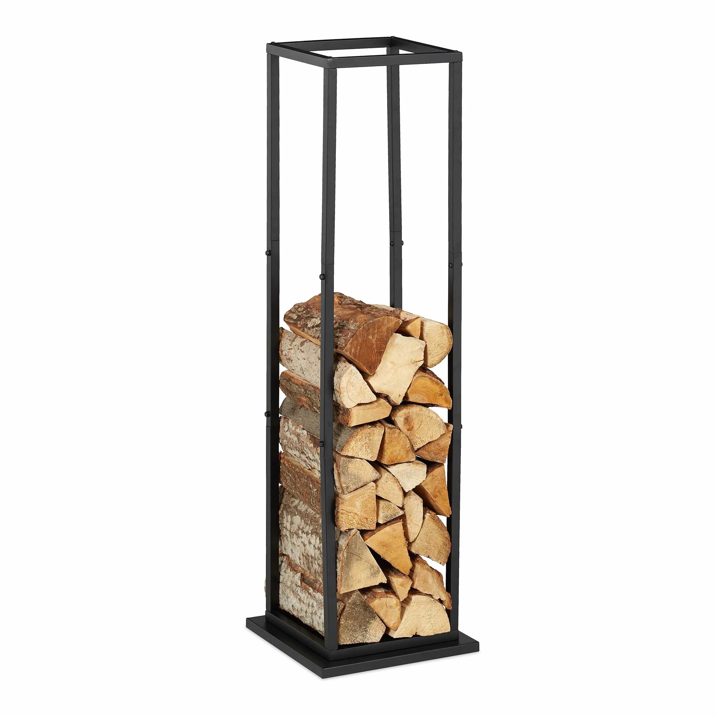 Relaxdays Regał na drewno kominkowe, metal, wys. x gł.: 121 x 35 x 35 cm, wysoki regał na drewno opałowe, do układania w stos, drewno opałowe, czarny