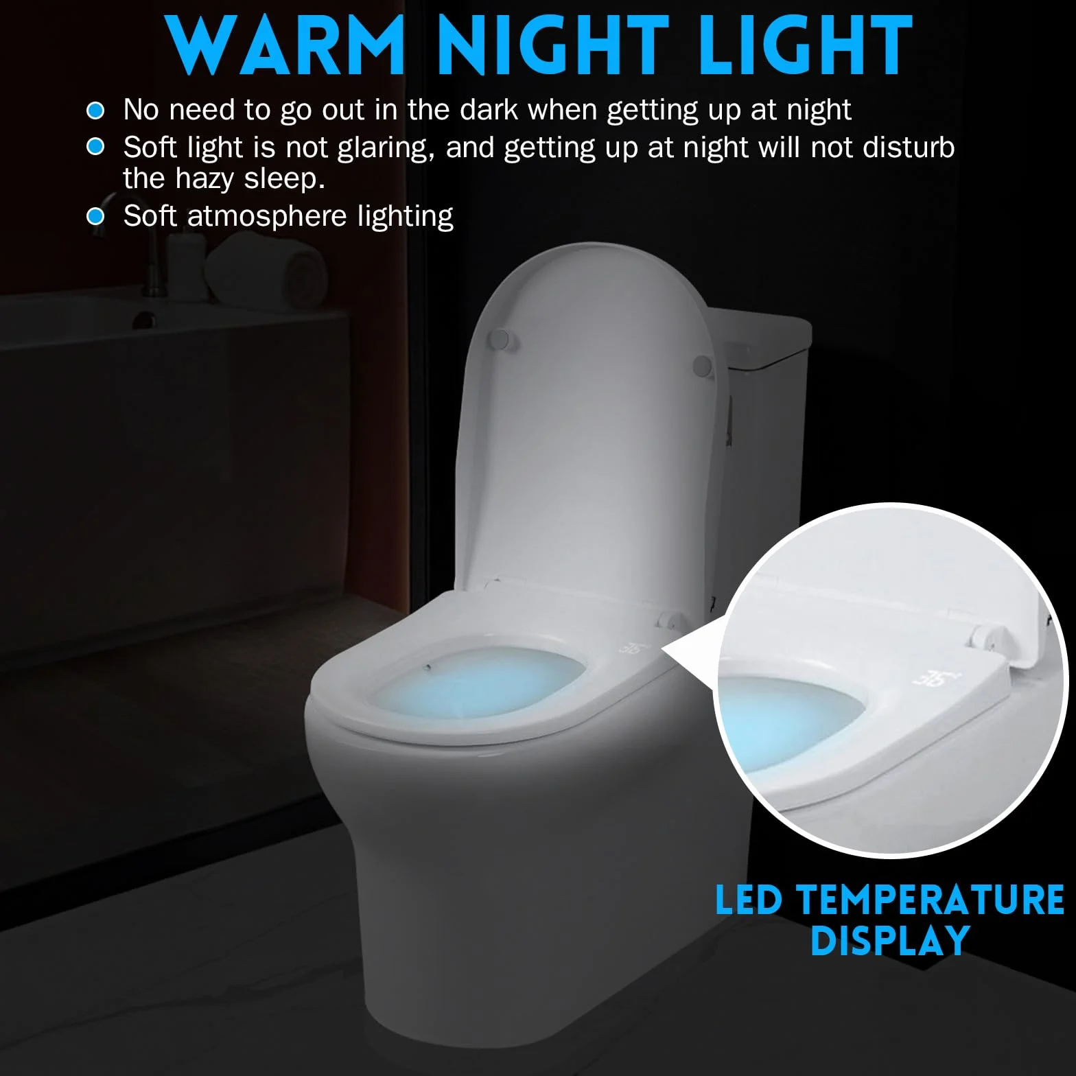 Inteligentna deska sedesowa, inteligentna deska sedesowa wolnoopadająca, bidet, podgrzewane siedzisko, 3 ustawienia temperatury, wskaźnik temperatury, światło nocne, typ U