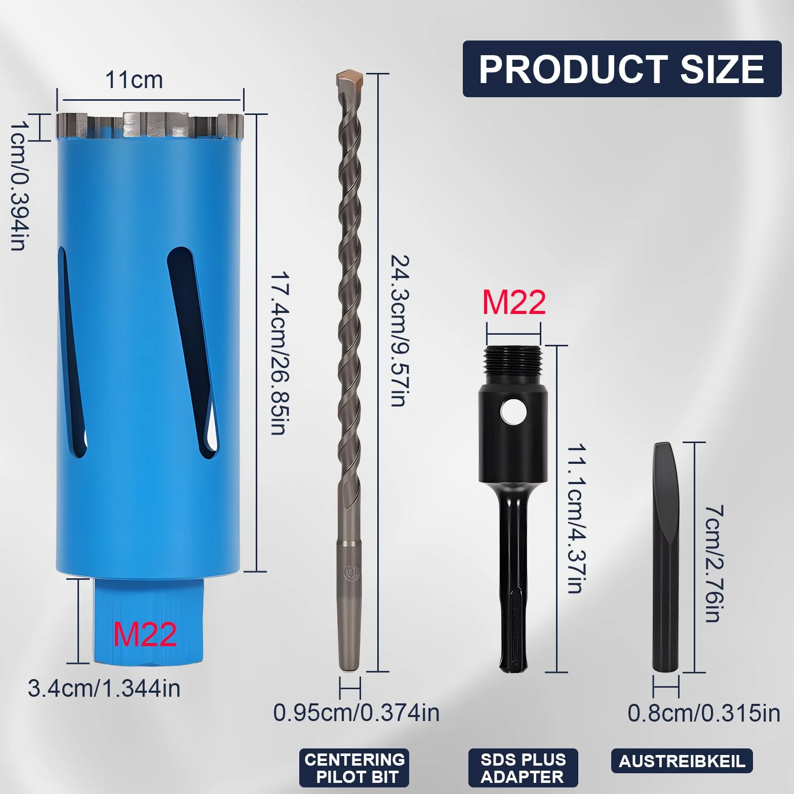 M22 diamentowa koronka wiertnicza, pogłębiacz puszek Ø 110 mm, wiertło rdzeniowe do wiertarki rdzeniowej, 200 mm na mokro i sucho koronka wiertnicza z turbo, SDS-Plus diamentowe pogłębiacze