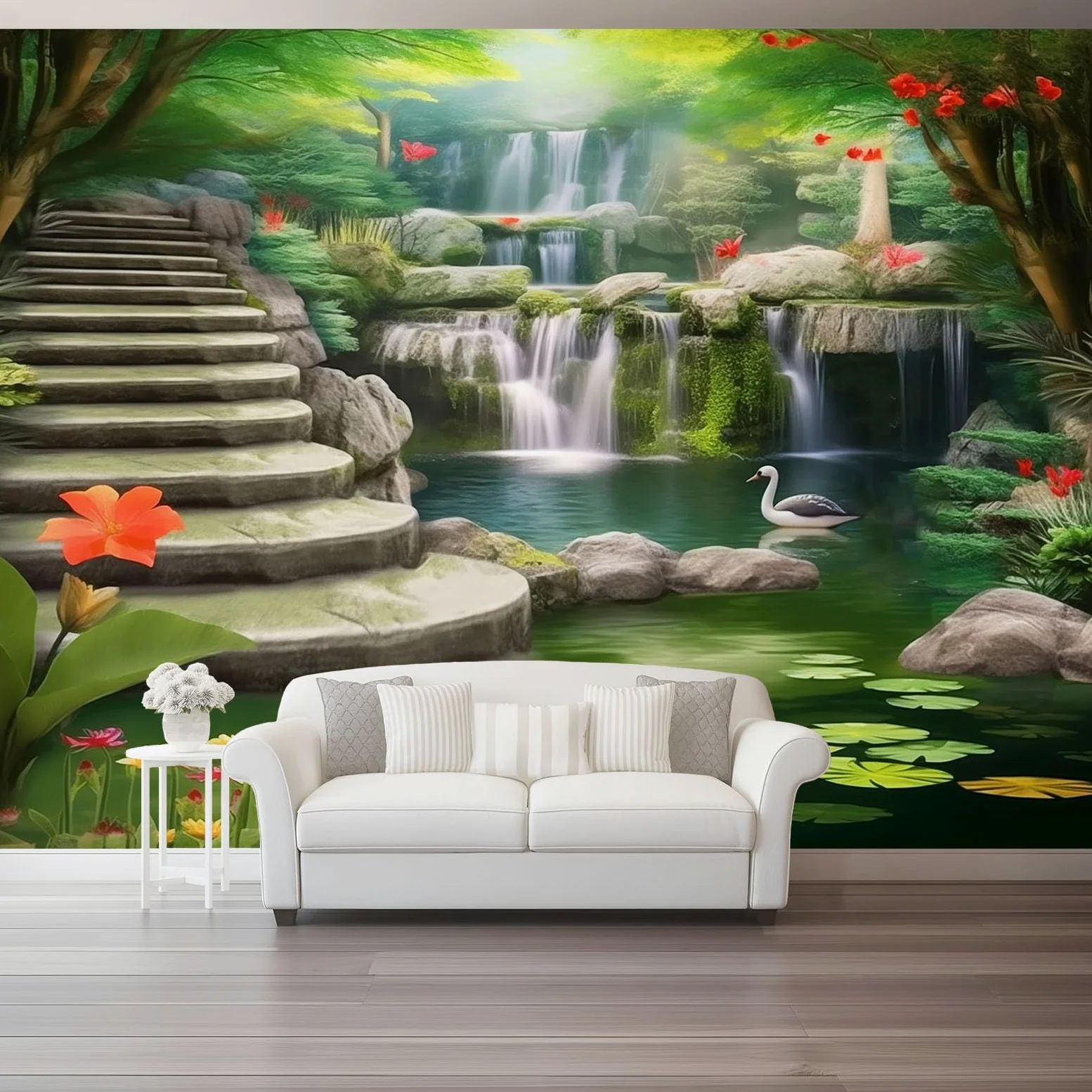 Tapeta 3D włóknina naturalna wodospad 3D 350 x 256 cm tapeta dekoracja ścienna do salonu sypialnia zielona