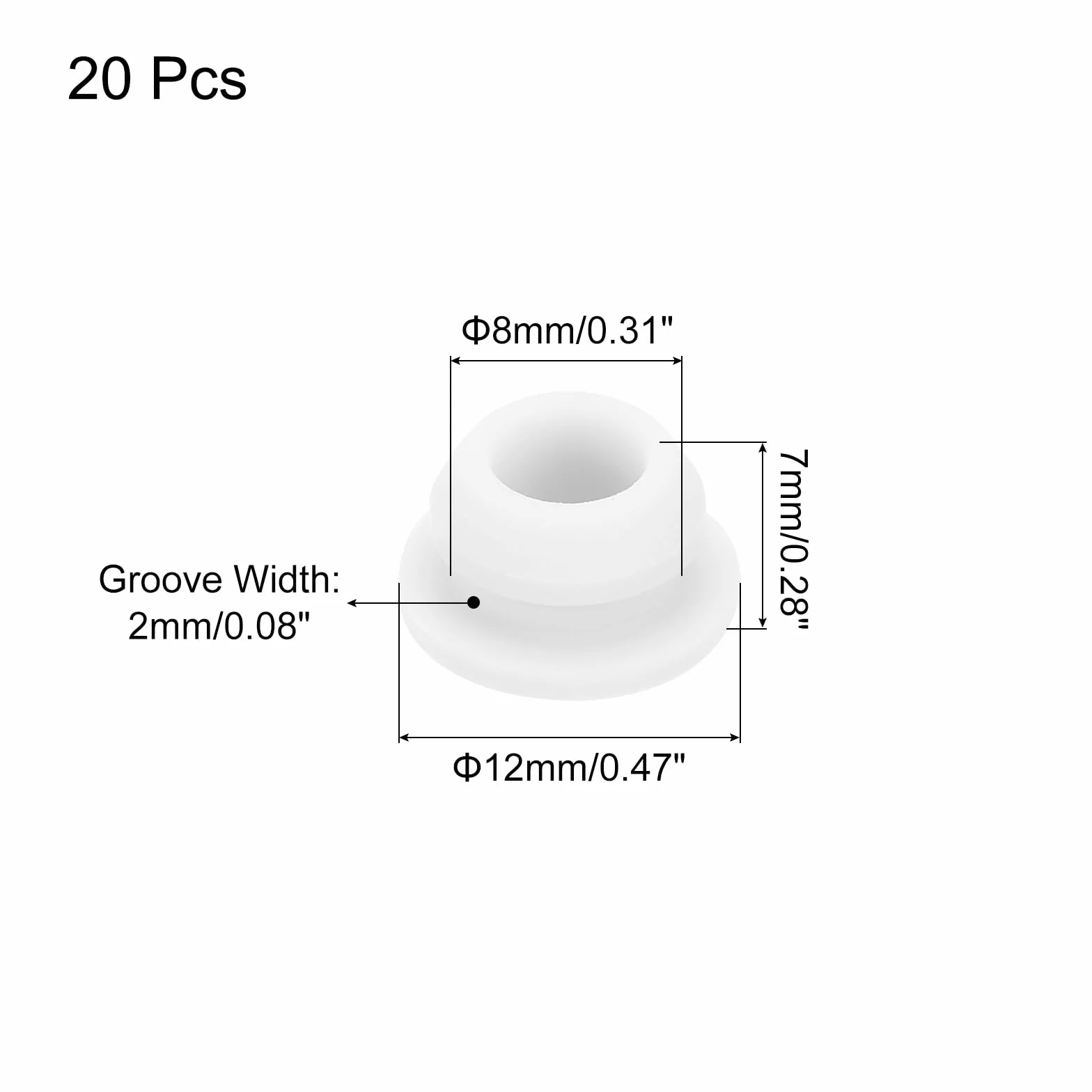 QUARKZMAN 20 sztuk silikonowych zaślepek do otworu zatrzaskowego, 8 mm / 0,3 cala, szerokość szczeliny, wąskie rowki, 2 mm, okrągła osłona na przelotki kablowe, białe