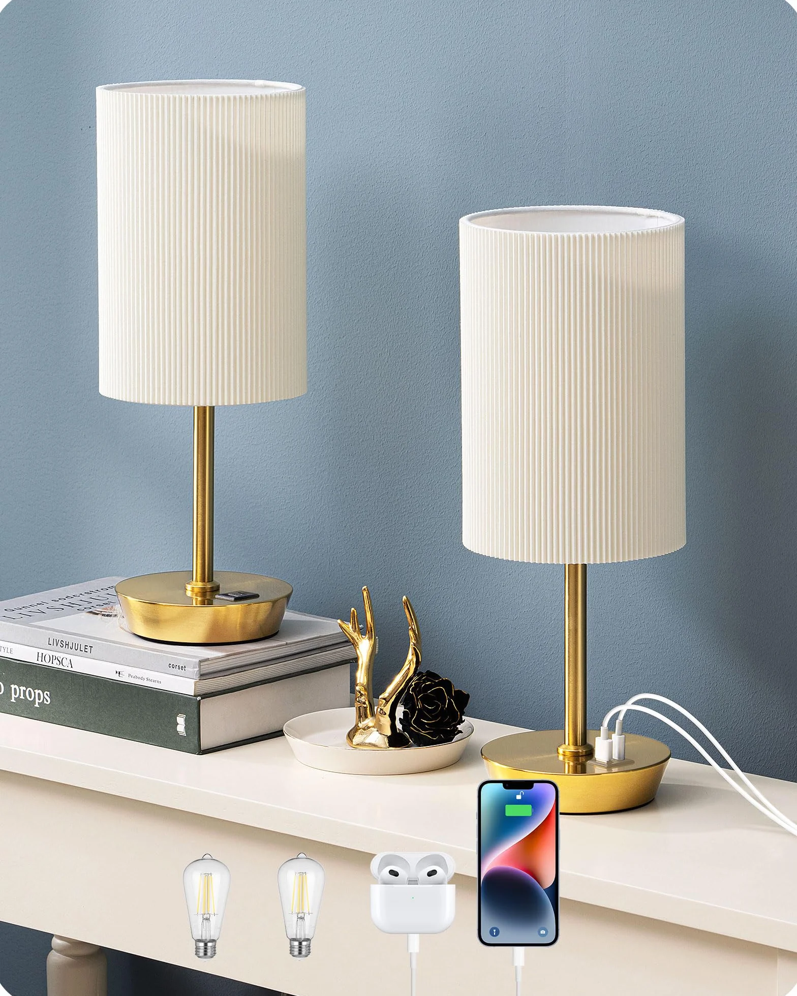 EDISHINE Lampka nocna LED, dotykowa, ściemniana, zestaw 2 szt., nowoczesna, mała lampka, z funkcją ładowania, 2 porty USB, z kablem, do sypialni, salonu, na parapet, prezent, złota | Funkcja ładowania, 5 V / 2,1 A, LED 2700 K w zestawie do sypialni, salon