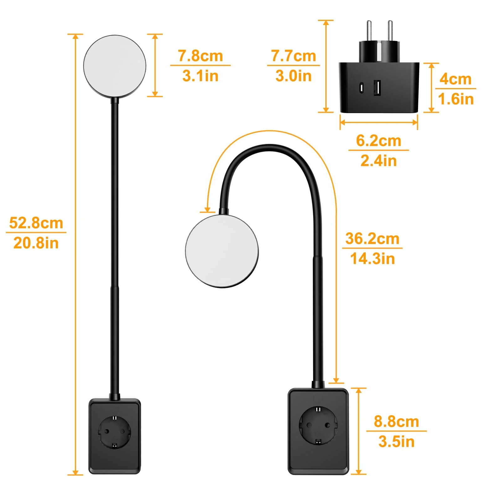 ENUOTEK LED Ścienna Lampa Regulowana Czarna z Wtyczką i Gniazdem, Lampa Ścienna z Gniazdem do Sypialni, 3000K 4000K 6000K Kolory Światła Regulowane, z Portem Typu C i USB