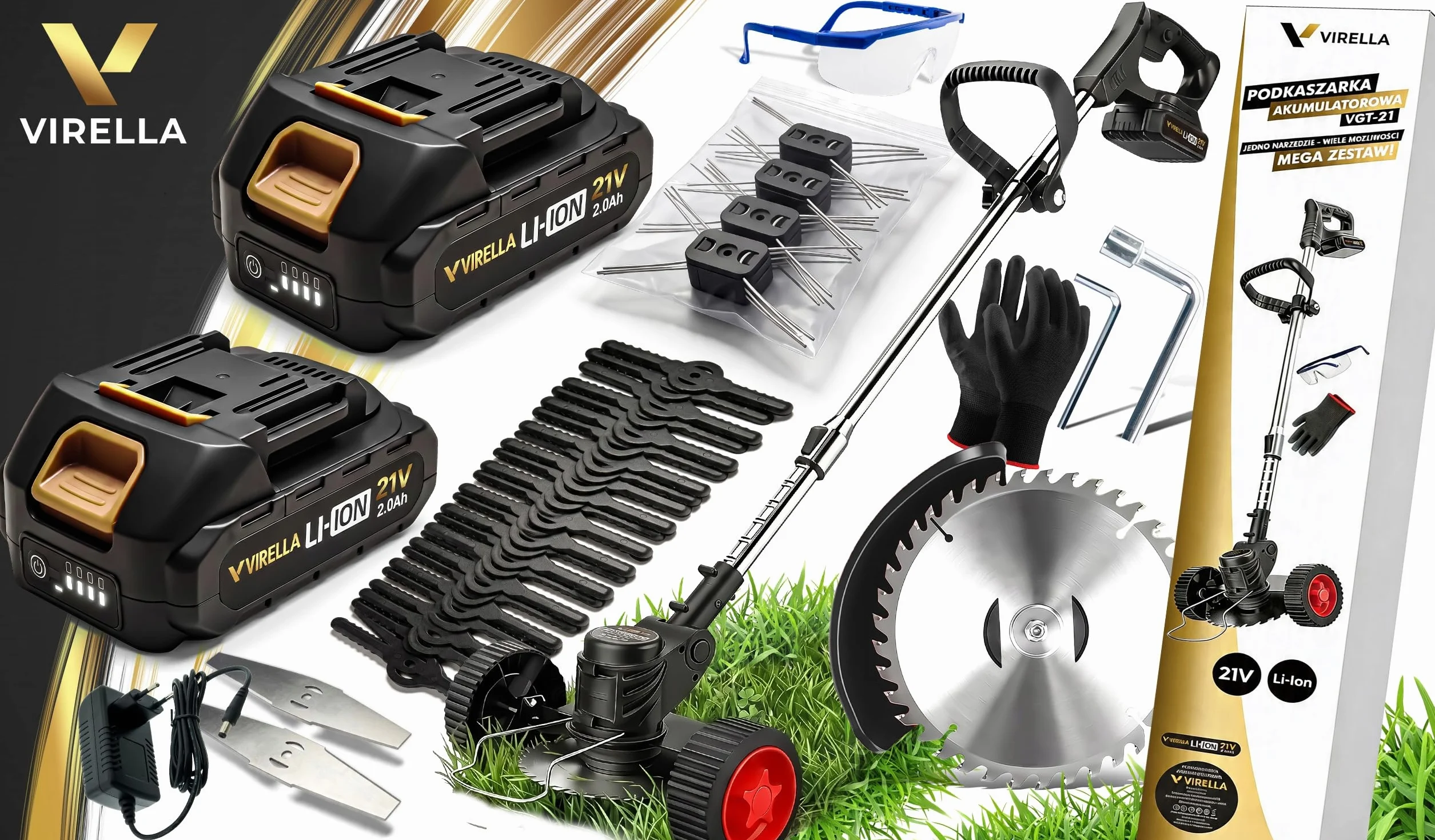 Podkaszarka Akumulatorowa 2x21V 2Ah 1000W 9000 RPM Regulowana Zestaw 53w1 Do Ogrodu