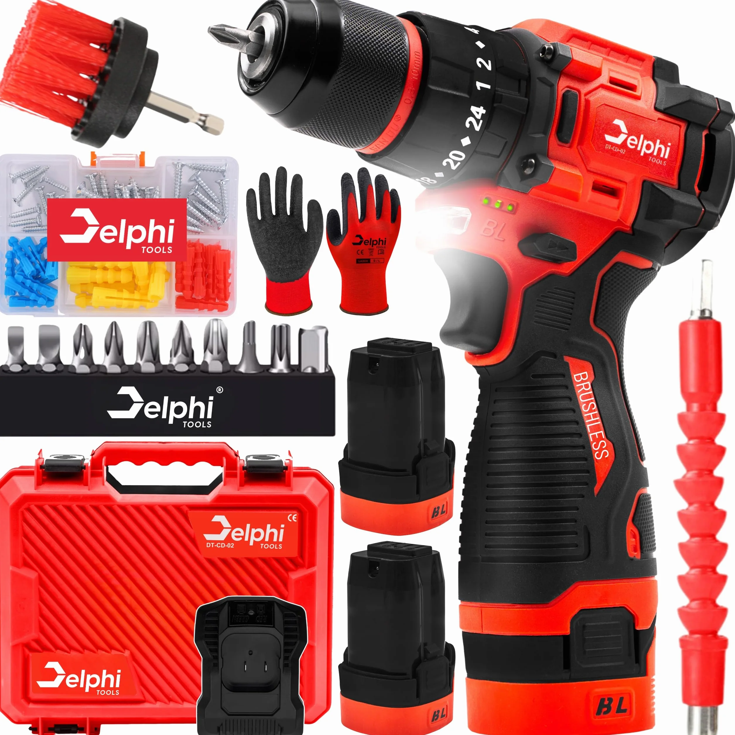 Delphi akumulatorowa wkrętarka akumulatorowa 16,8 V, z 2 bateriami 1500 mAh, światło LED, 50 Nm, 24 stopnie momentu obrotowego, zestaw bitów do drewna, metalu i betonu