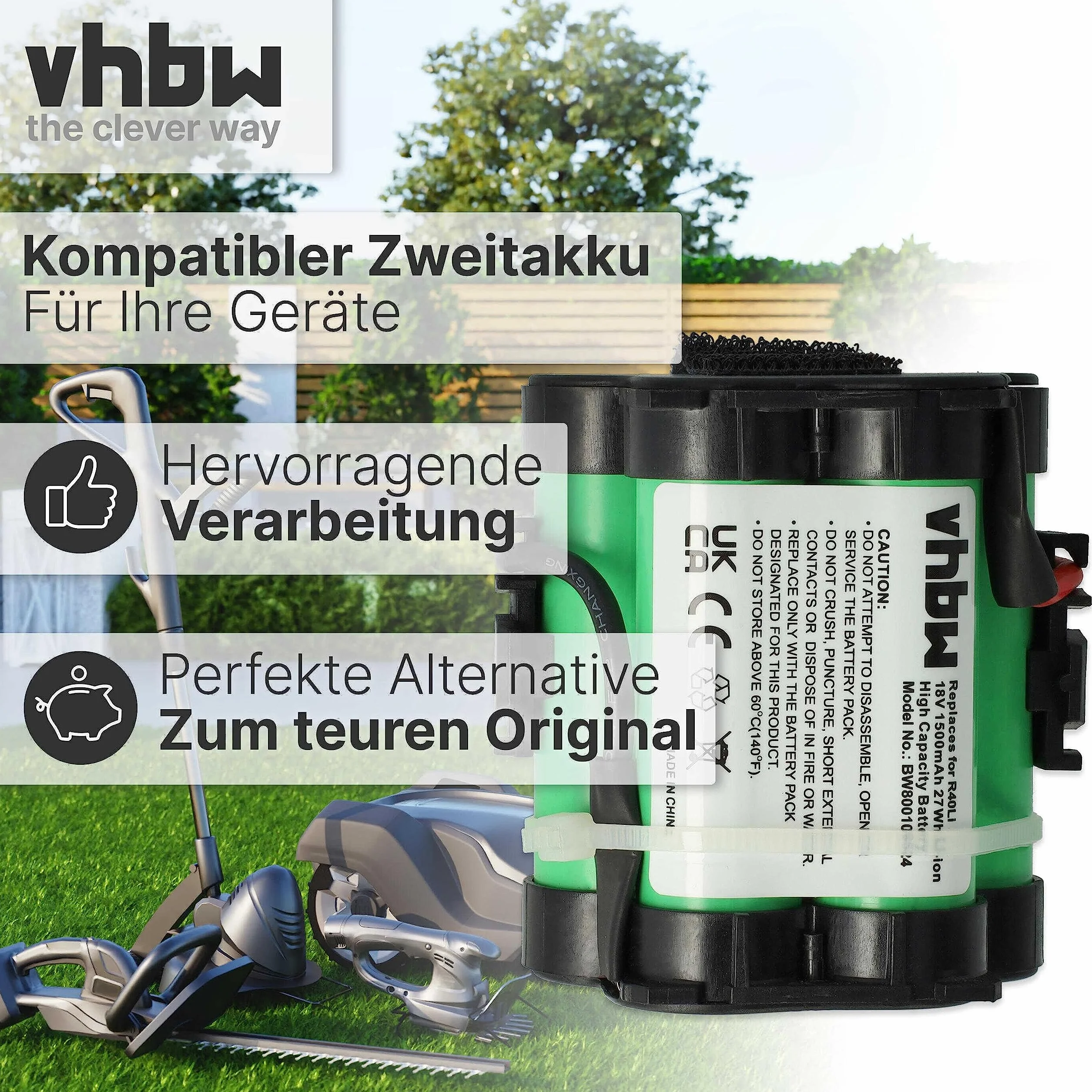 vhbw Akumulator kompatybilny z kosiarką Husqvarna Automower 105, 305, 308, 308X, 308X, 308 X, robot do koszenia trawy – (litowo-jonowy, 1500 mAh, 18 V), akumulator zapasowy