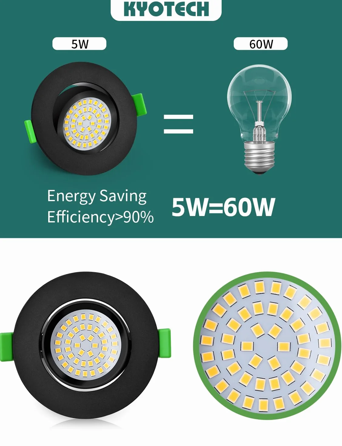 KYOTECH reflektory LED wpuszczane z możliwością ściemniania 68–80 mm 5W IP44, ultracienkie, neutralna biel 4000K, wodoszczelne rotacyjne o 45° reflektory sufitowe do łazienki, czarne, zestaw 6 sztuk