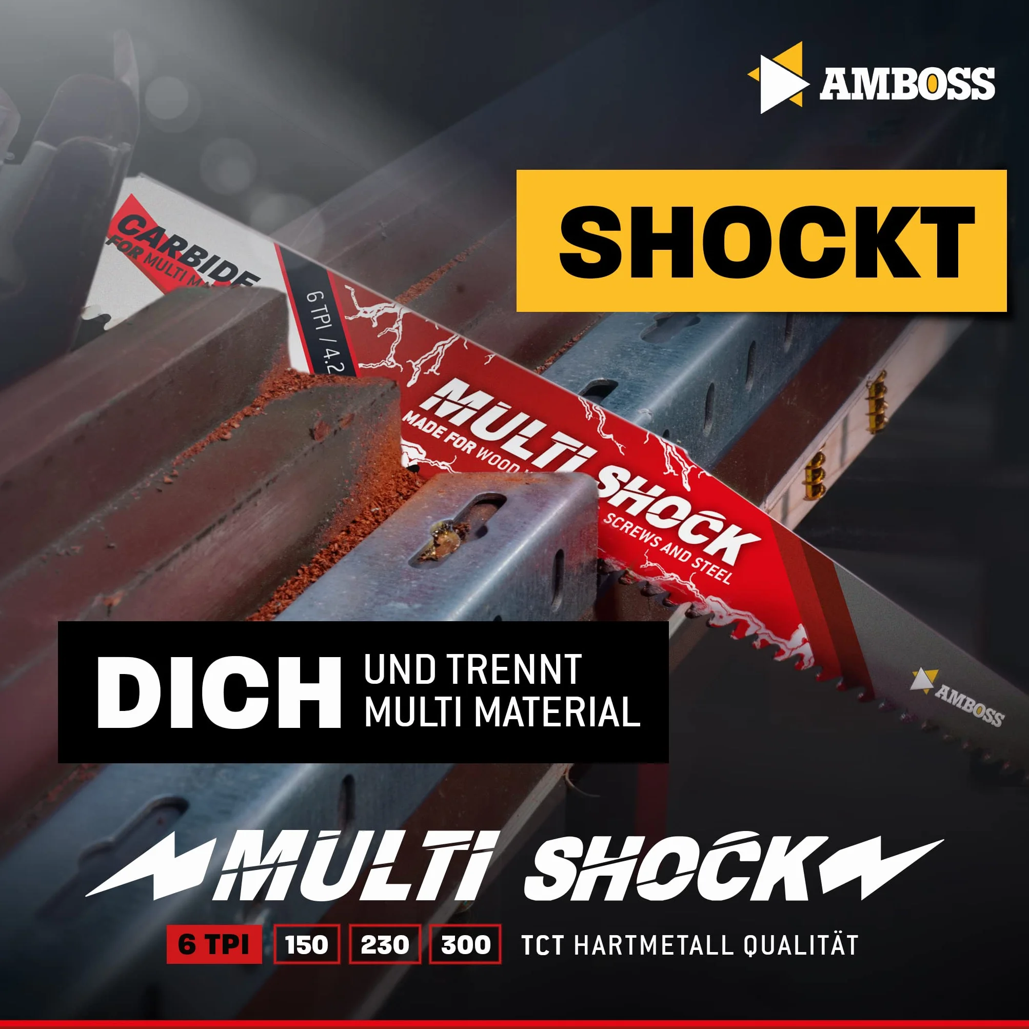 AMBOSS MULTI SHOCK – 10 x brzeszczot do piły szablastej długość 230 mm / 6 ZpZ – idealny do drewna z gwoździami i drewnem ze śrubami oraz stalą – wiele materiałów