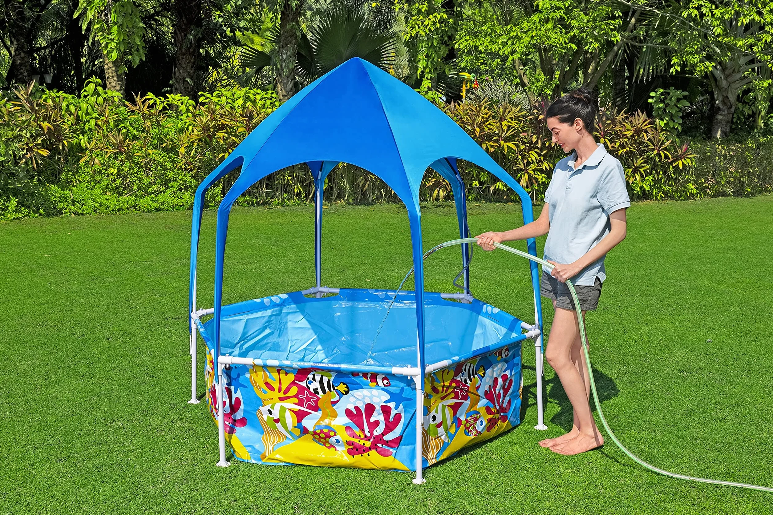 Bestway Splash in Shade 1,83 m x 1,83 m x 51 cm okrągły basen z wkładką DuraPlus i baldachimem UV