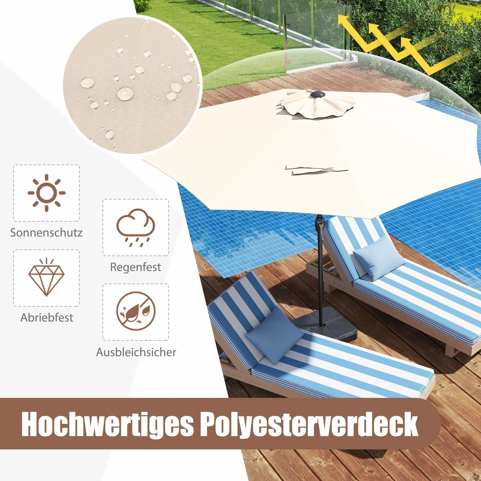 COSTWAY Parasol przeciwsłoneczny 250 cm, parasol ogrodowy z korbą, 8 żeber