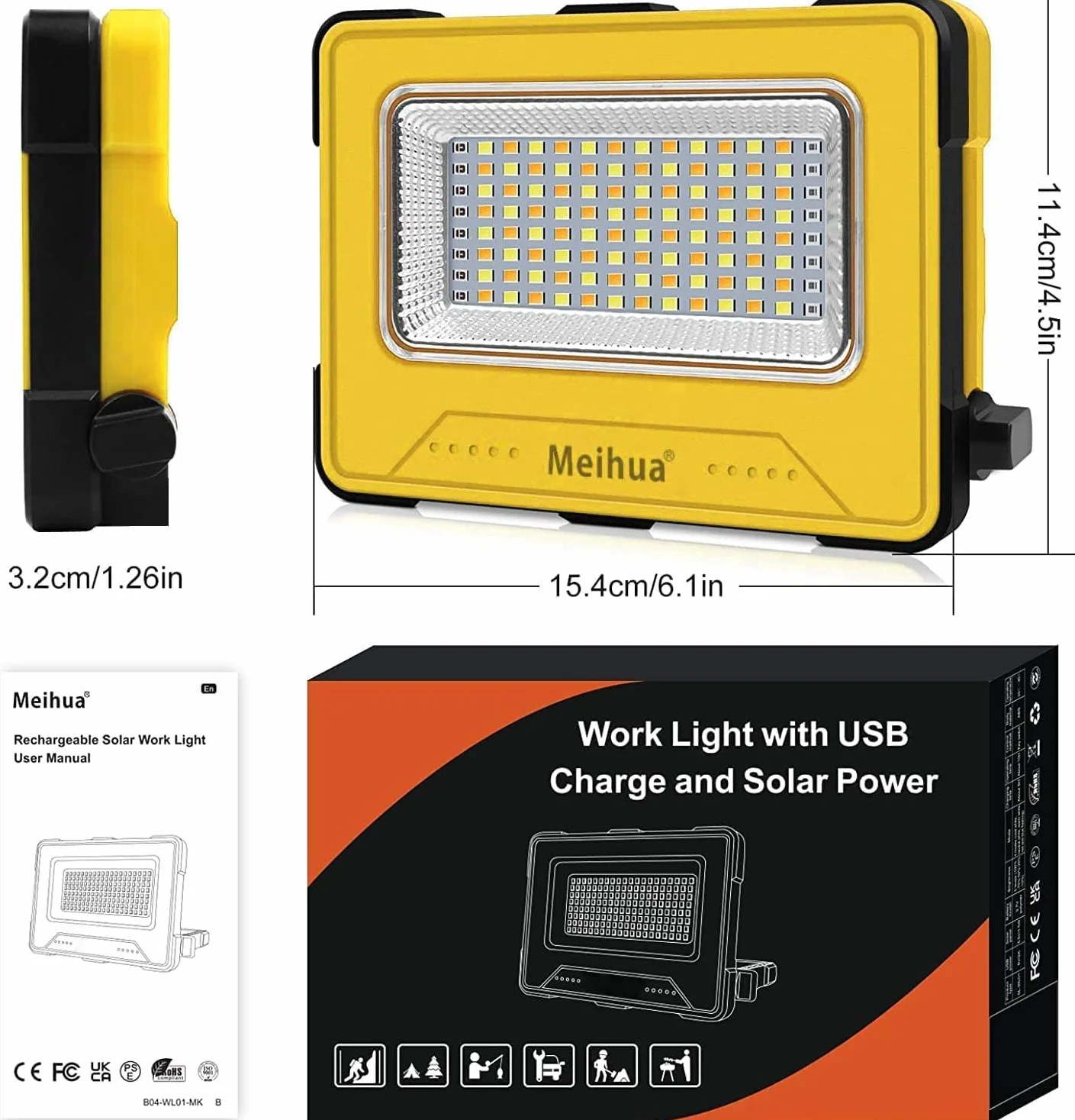 MEIHUA Lampa robocza LED 60W z akumulatorem 12000mAh, przenośny reflektor budowlany LED, ładowalna lampa kempingowa, 4 tryby świecenia, ładowanie solarne i USB, lampa akumulatorowa do placu budowy