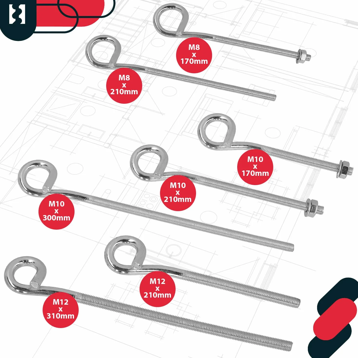 KOTARBAU® 2 haki M8 170 mm – wkręcane, stal ocynk, sufitowe, wytrzymałe, do montażu huśtawek.