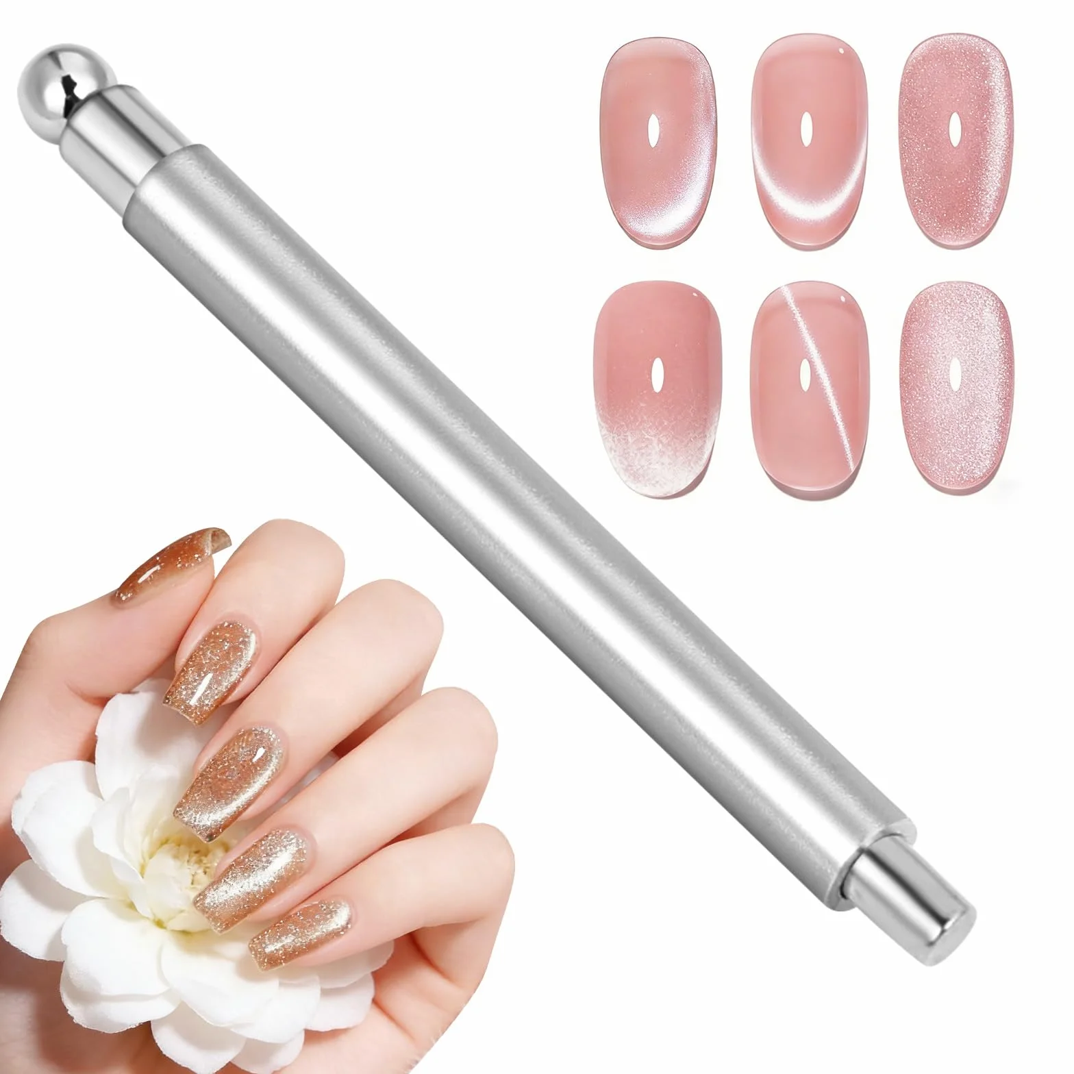 Cateye magnetyczny długopis magnetyczny z żelem Cat Eye w proszku lub lakierem do paznokci, do samodzielnego wykonania, Cateye magnetyczny długopis (srebrny, z okrągłą perłą magnetyczną)
