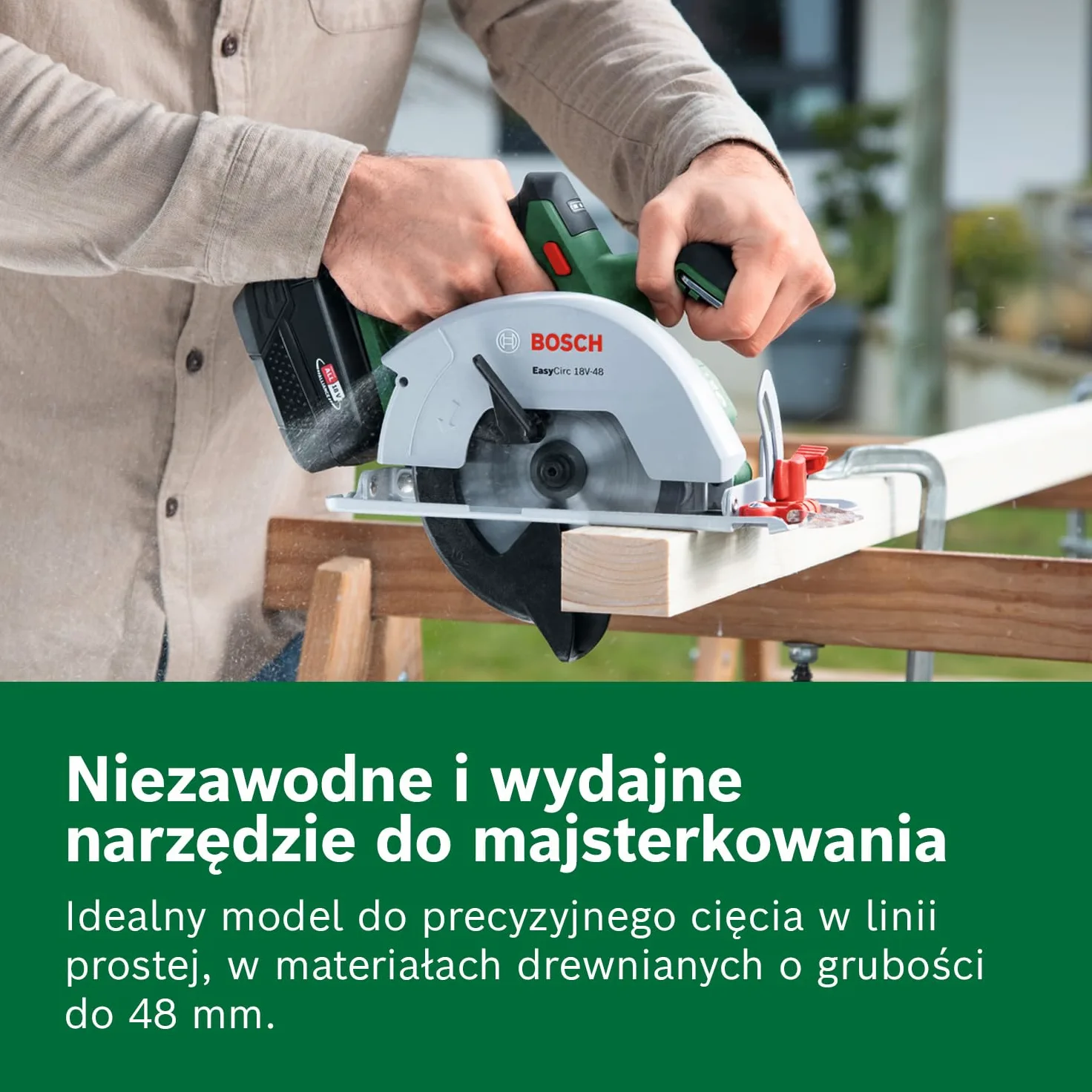 Bosch 18V System Akumulatorowa pilarka tarczowa EasyCirc 18V-48 (cięcie materiałów drewnianych o grubości do 48 mm, adapter do odsysania pyłu, prowadnica równoległa)