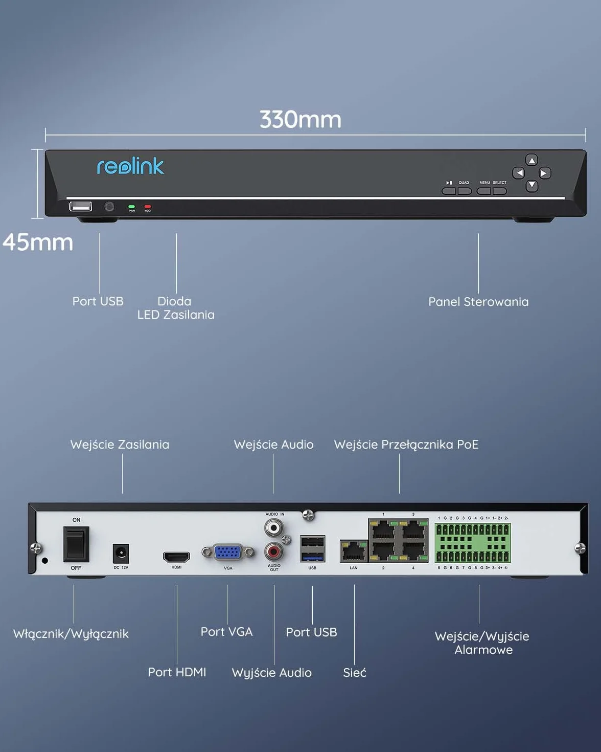 Reolink RLN36 12MP 36-kanałowy NVR CCTV system, 3 sloty HDD, obsługa kamer IP 12MP/4K, alarm O/I