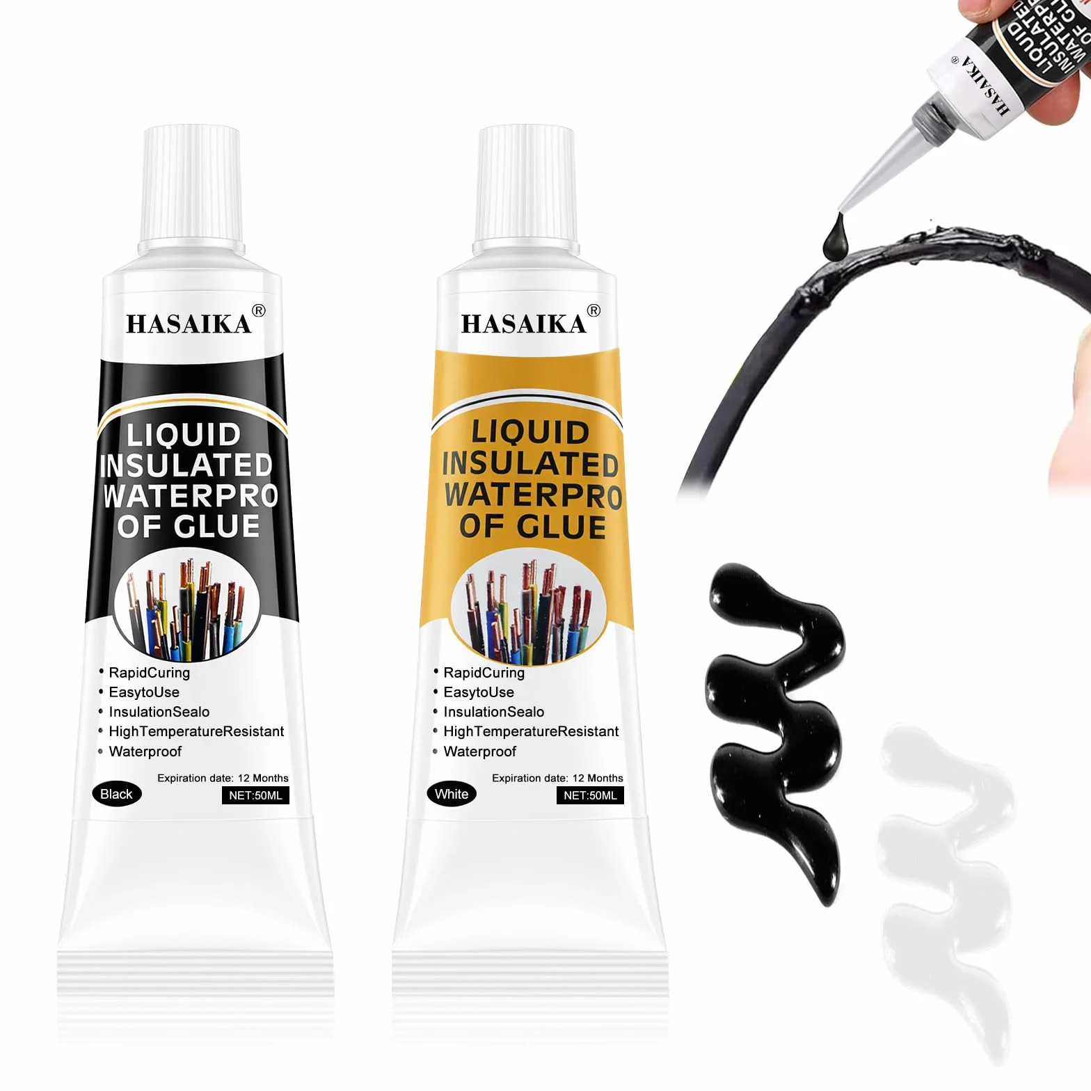 Liquid Electrical Tape, Wodoodporna i szybkoschnąca taśma izolacyjna, odpowiednia do wszystkich rodzajów kabli i urządzeń elektrycznych (50 ml czarna + 50 ml biała)