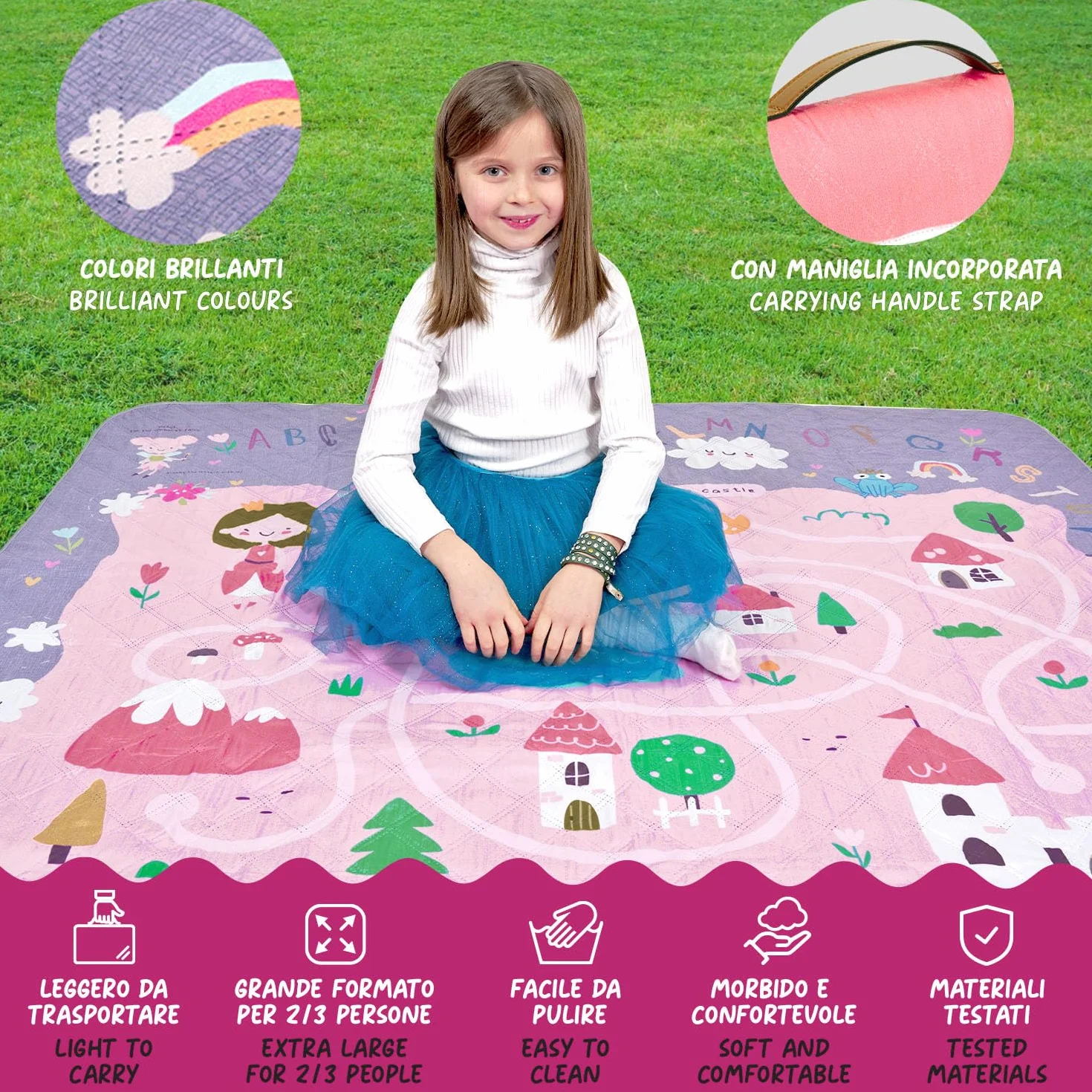 Wodoodporny Koc Piknikowy dla Dzieci 150x150 - Duży Ręcznik na Piknik Plaża Ogród Góra Park - Składany Dywan Kempingowy (Bajkowy Zamek)