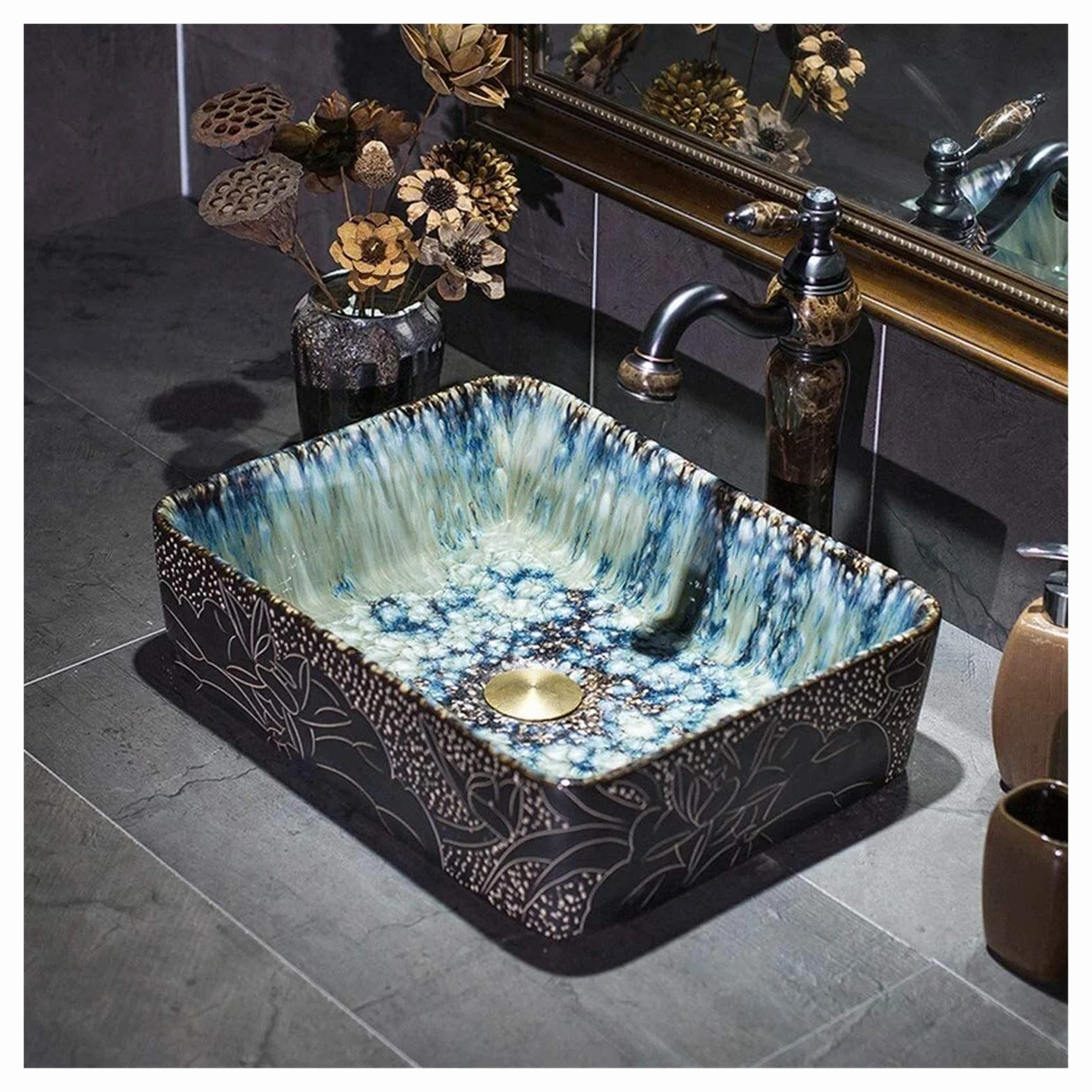 Umywalka łazienkowa ceramiczna, owalna, nablatowa, 21,6" dł. x 15,7" szer. x 5,5" wys. Artystyczna porcelanowa umywalka ceramiczna nablatowa, umywalka łazienkowa,