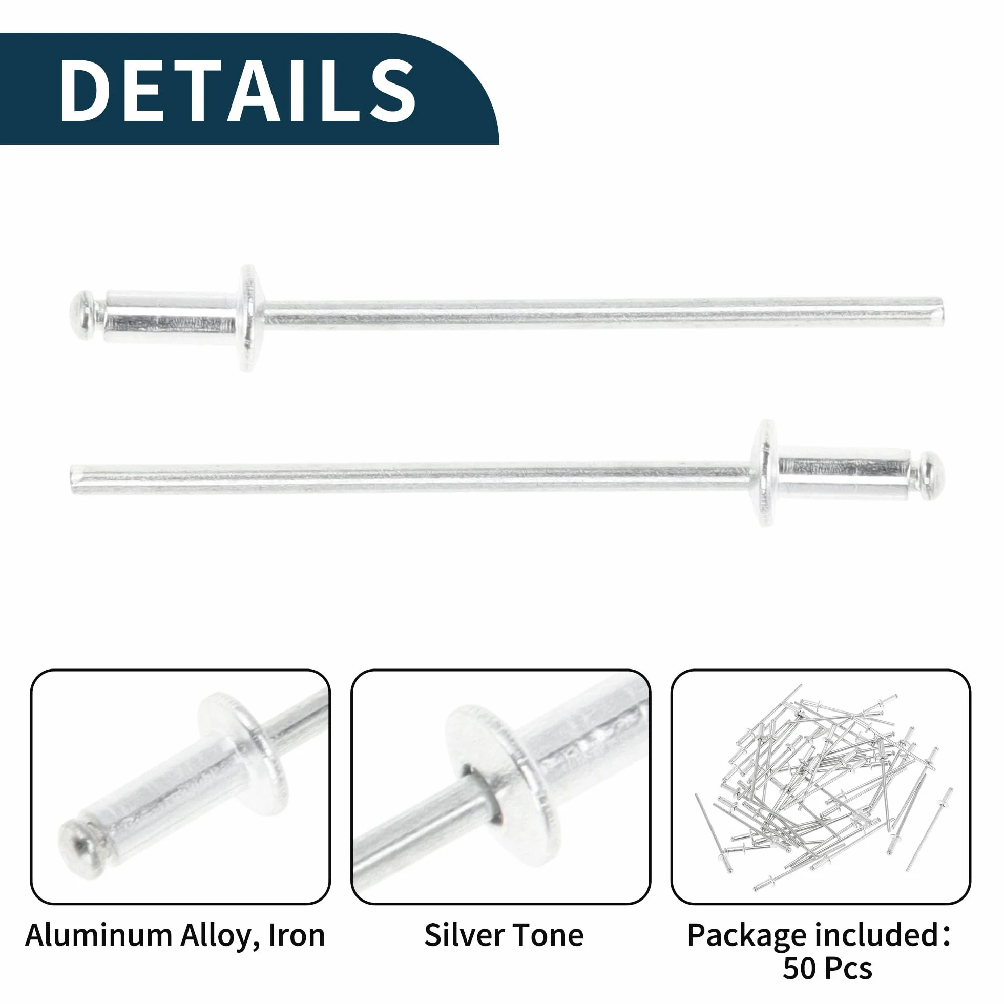 Dome Head Large Flange Blind Rivets srebrny odcień 50 sztuk 2,4 mm średnica uchwytu 4 mm długość uchwytu 5 mm średnica kołnierza ze stopu aluminium żelazo