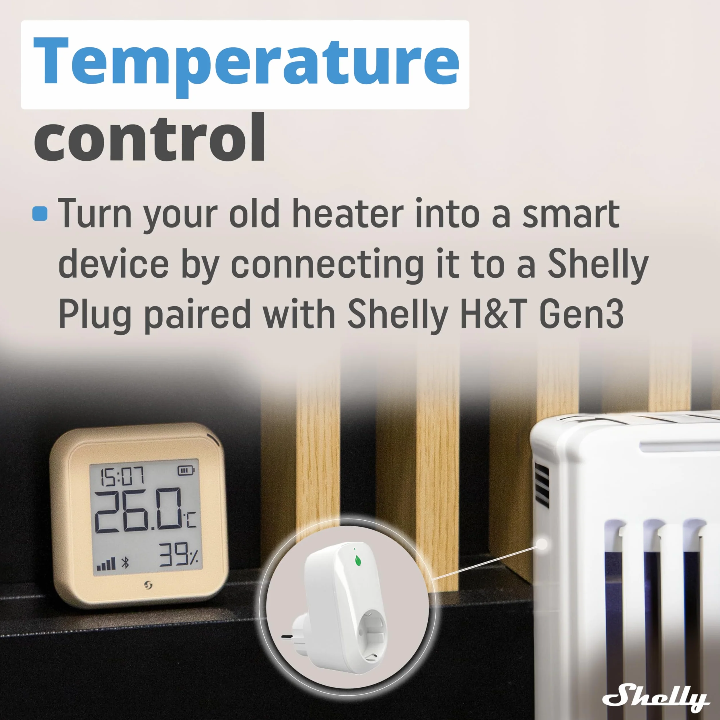 Shelly H&T Gen3 Mokka -Czujnik Temperatury,Wilgotności Wi-Fi,Bluetooth,Automatyka Domowa,Nie Jest Wymagany Żaden Koncentrator,Długi Czas Pracy Baterii,Możliwość Montażu Na Ścianie