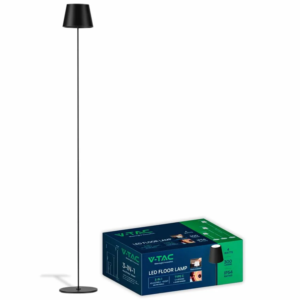 V-TAC Bezprzewodowa lampa podłogowa LED z możliwością ponownego ładowania, regulowana wysokość - czarna aluminiowa lampa do użytku wewnątrz i na zewnątrz, do domu i salonu, elegancki design