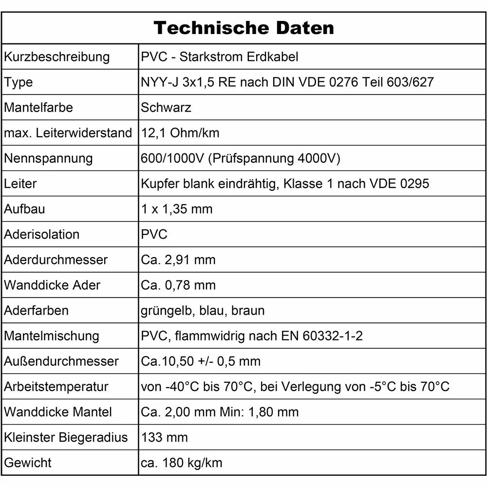 MAS Premium Kabel ziemny, kabel zasilający od 5 m do 170 m NYY-J 3 x 1,5 mm², kabel elektryczny zwój, do układania na wolnym powietrzu, w ziemi (150 m)