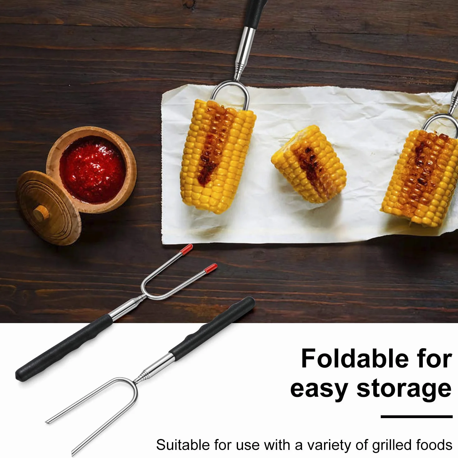Homealexa Rożen grillowy wysuwany 85 cm widelec do grilla z izolowanymi uchwytami