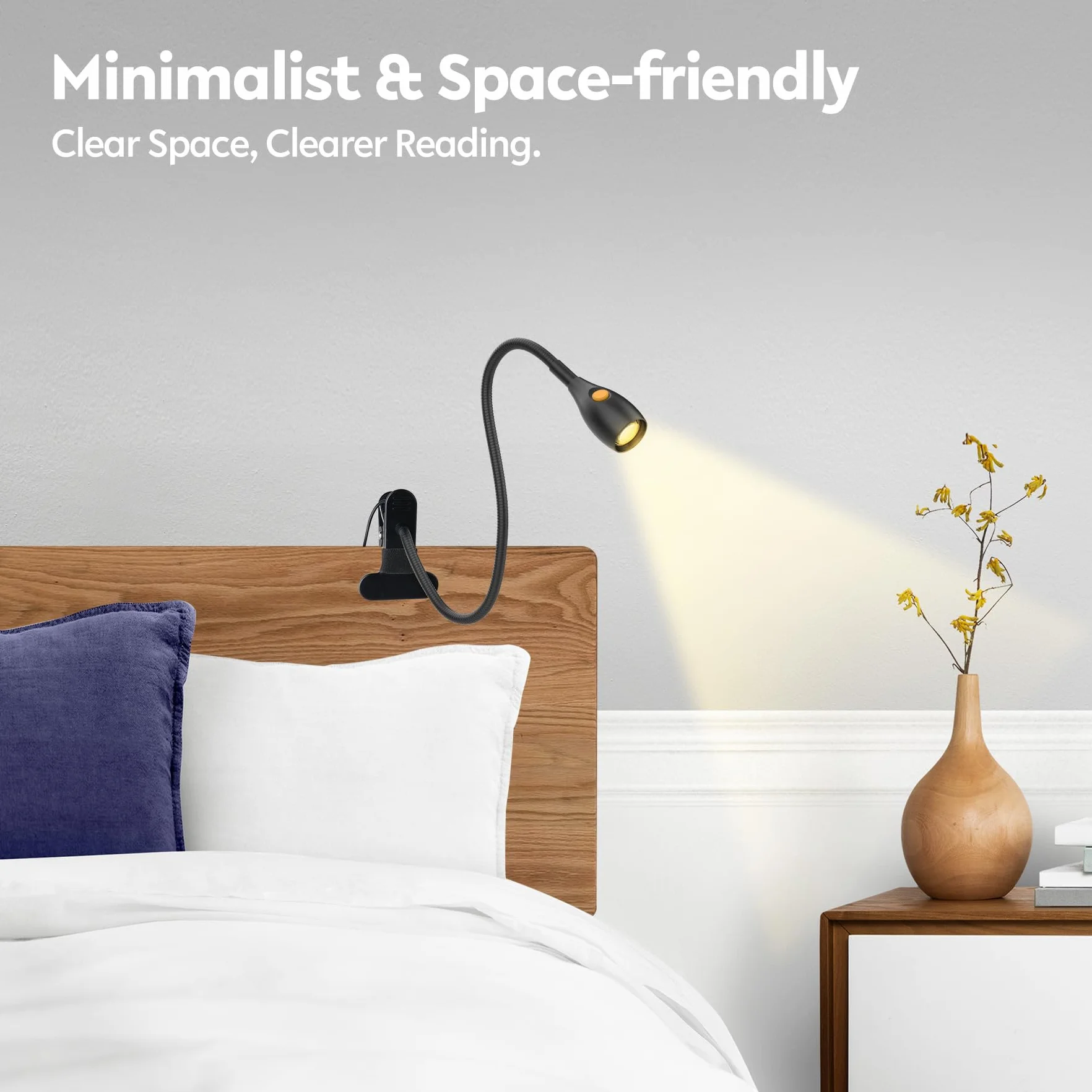 acegoo Minimalistyczna lampka do czytania do lampy z klipsem, zagłówek łóżka, ściemniana lampa książkowa, 3000 K/bursztynowe światło z adapterem USB-C, elastyczna gęsia szyja i poręczny przełącznik