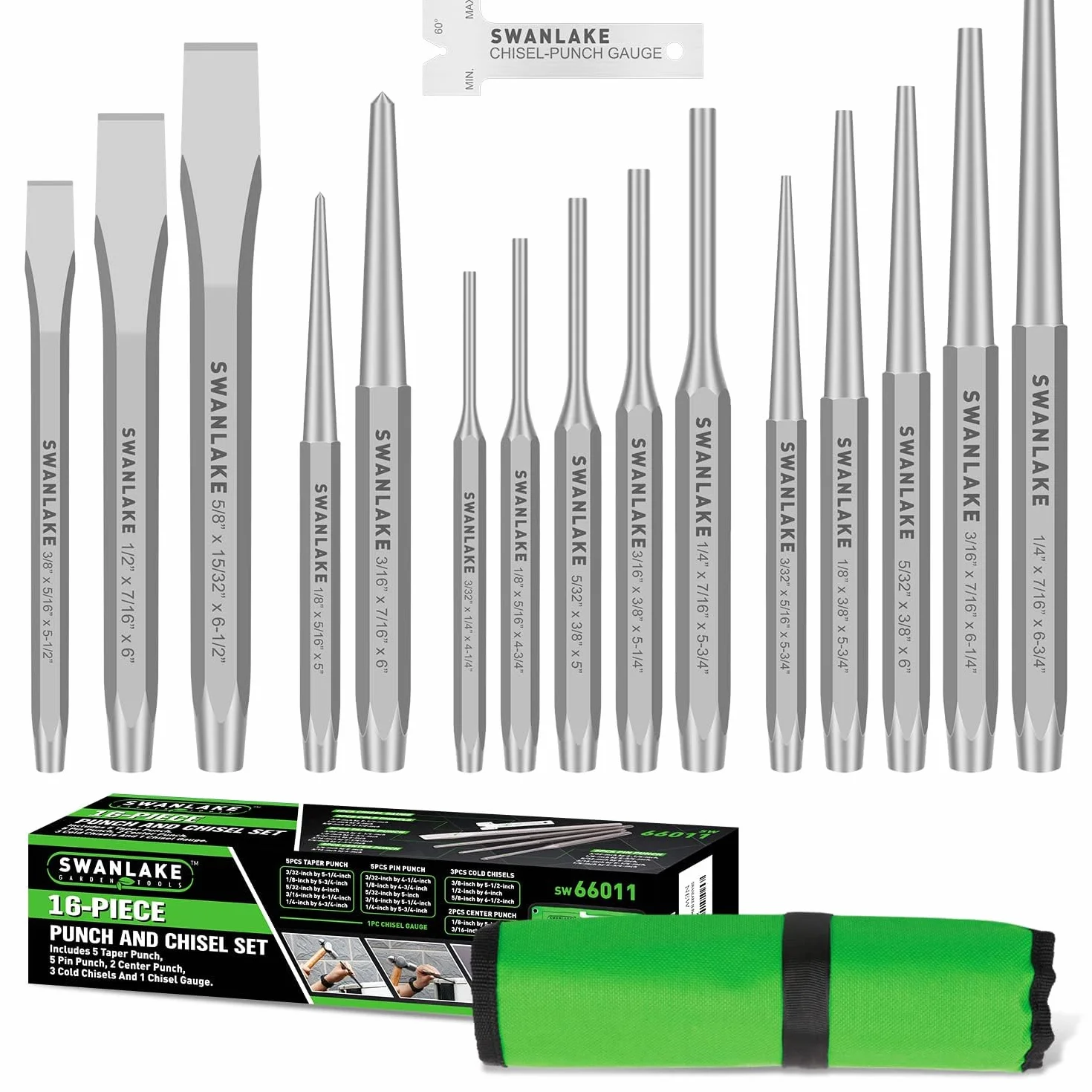 SWANLAKE Punch and Chisel Set, Including Taper Punch, Cold Chisels, Pin Punch, Center Punch (16pcs)