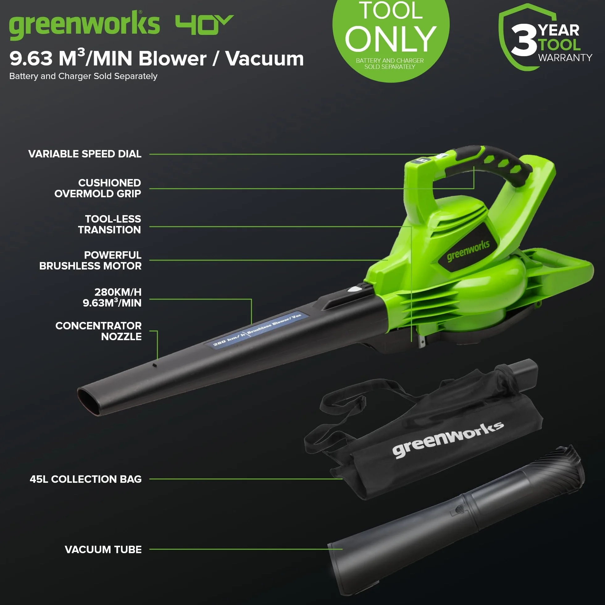 Greenworks GD40BV Akumulatorowa dmuchawa odkurzacz do liści 280 km/h 9,63 m³/min 45 L 40 V