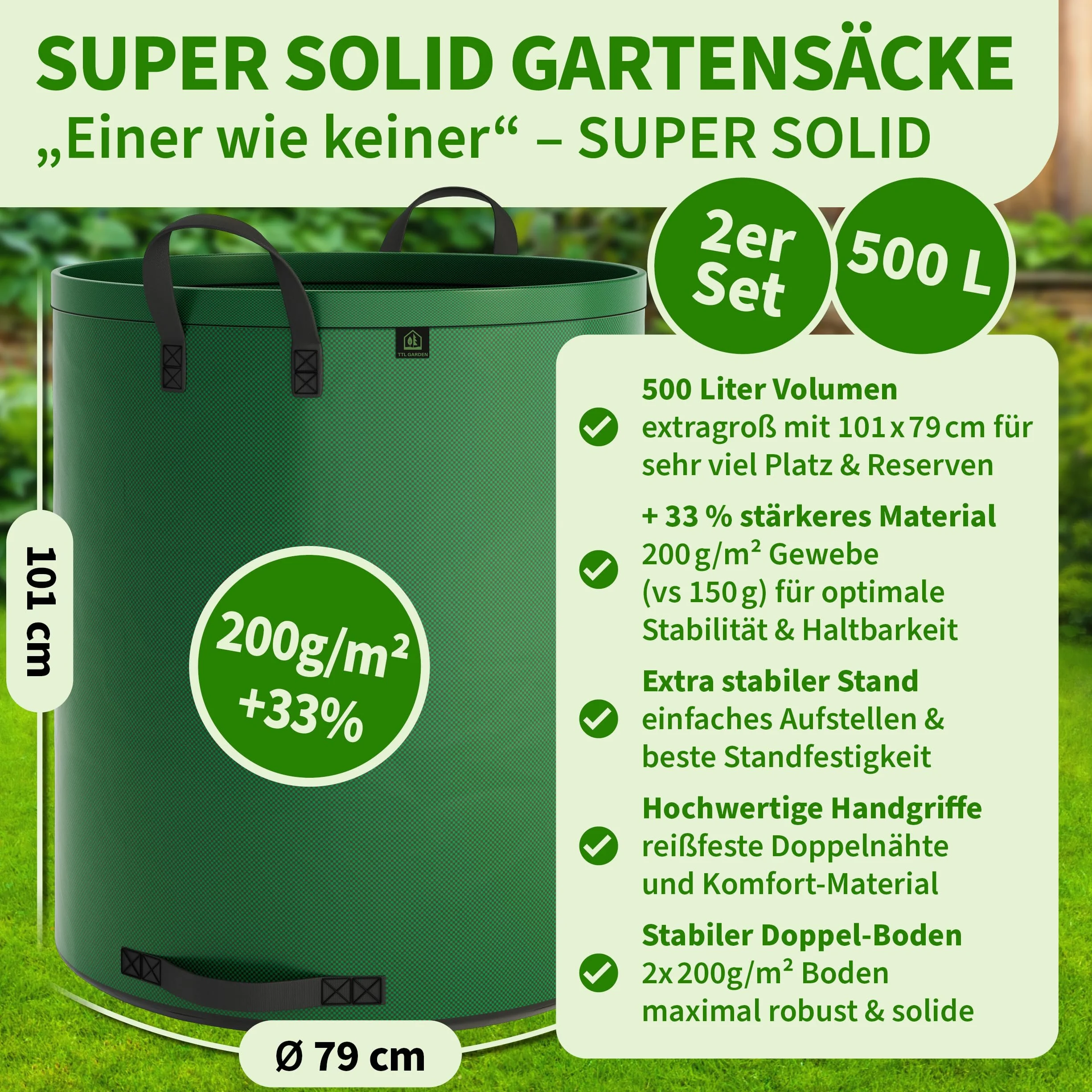 Worek ogrodowy 500 l solidny podwójne dno 200 g/m² odporny na rozerwanie wolnostojący 4 uchwyty zestaw 2 sztuk