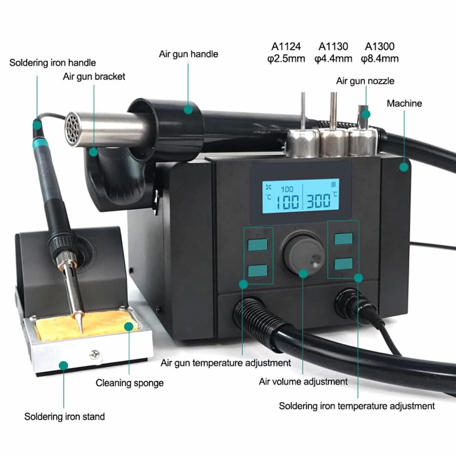 Stacja lutownicza 700 W z wyświetlaczem cyfrowym, ekranem LCD, 3 dyszami, przepływ powietrza 40 l/min, narzędzie do rozlutowywania do naprawy elektroniki i pracy obwodów