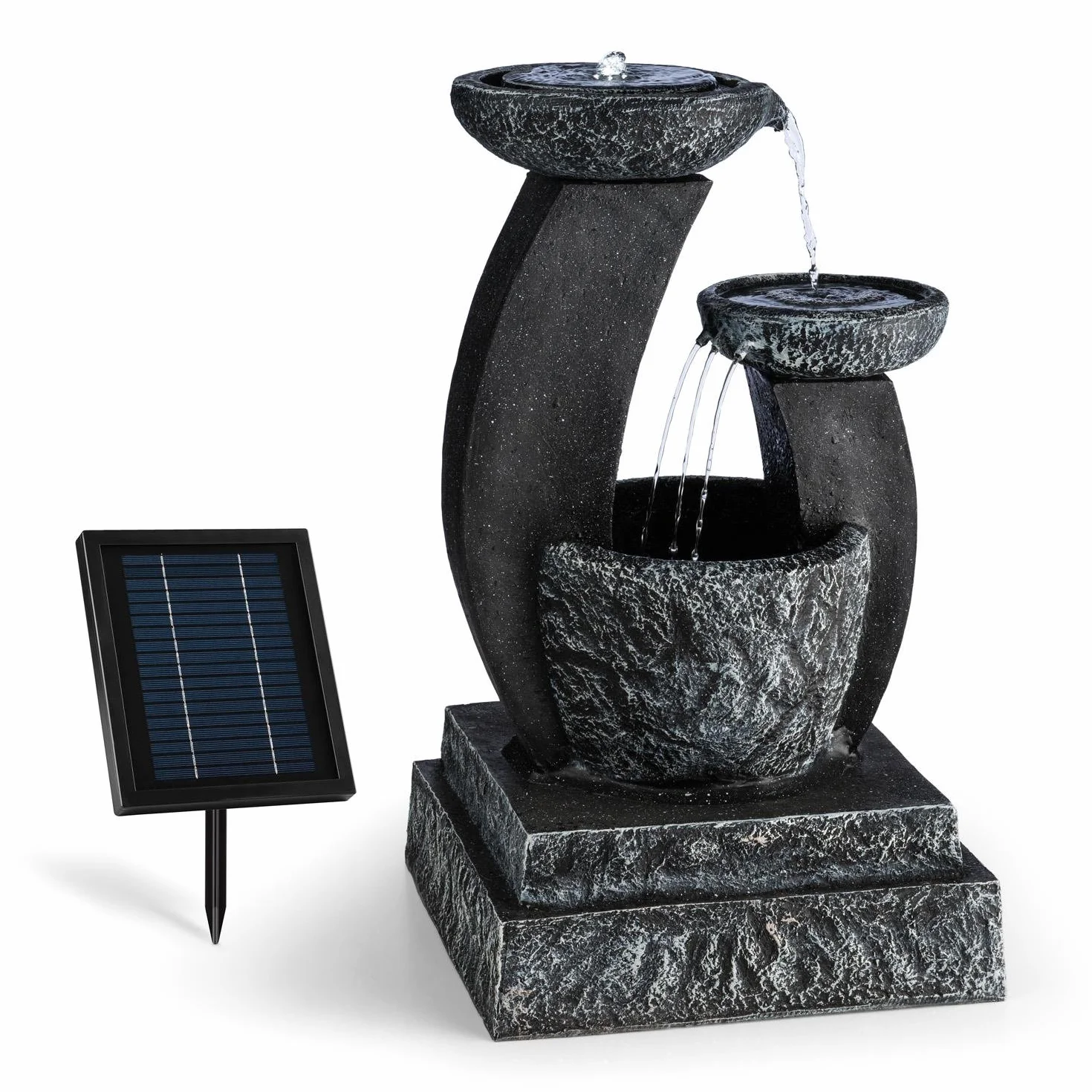 Blumfeldt Fantaghiro fontanna ogrodowa - fontanna ozdobna , 3W , minipompa do 250 l/h , solarna dioda LED , do użytku wewnątrz lub na zewnątrz , 3-stopniowe zbiorniki na wodę z kaskadami , polyresin o wyglądzie kamienia , czarny