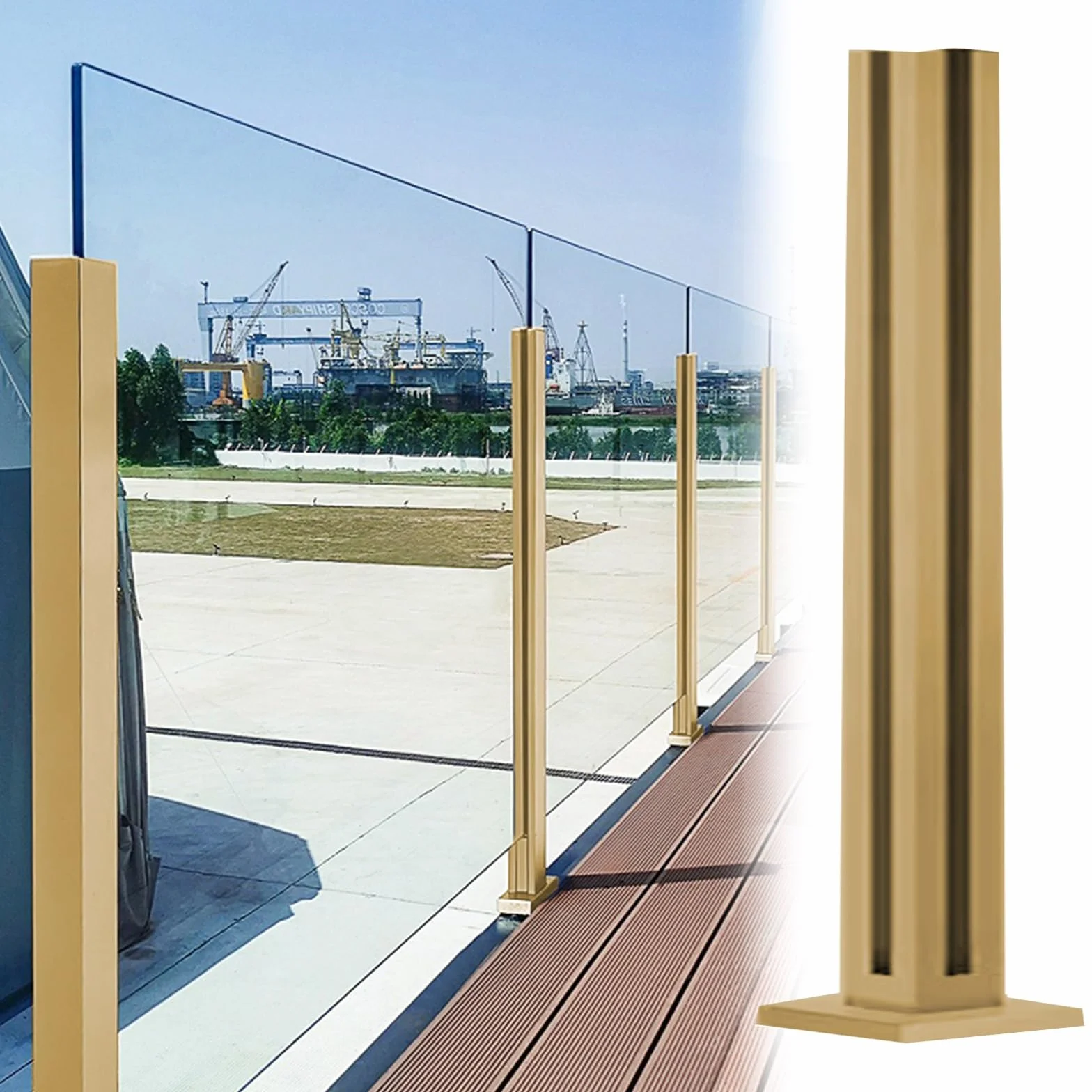 Złoty słupek balustrady balkonowej 115/114.8 cm – trwałe podparcie do paneli z metalu / drewna / szkła hartowanego (8–12 mm) – stylowy narożnik do nowoczesnych przestrzeni