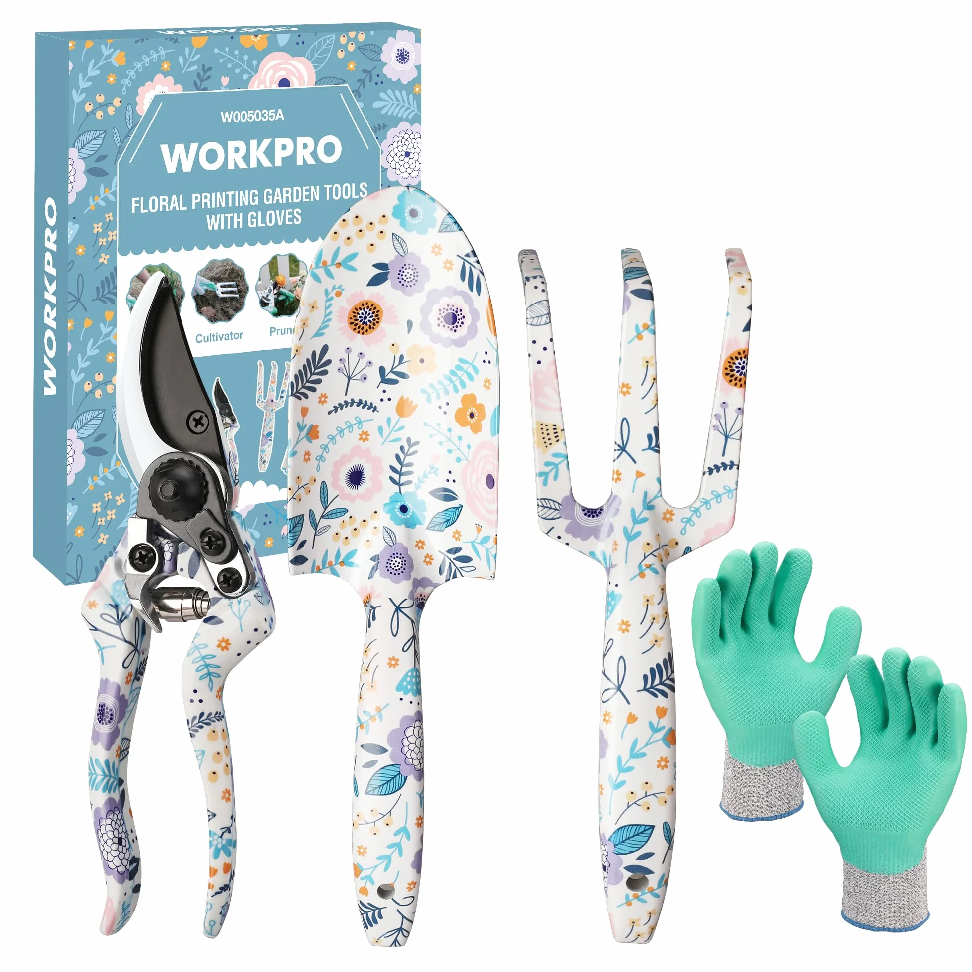 WORKPRO 4-częściowy zestaw narzędzi ogrodowych, narzędzia ręczne ze stali nierdzewnej z ergonomicznym uchwytem, w tym sekator, szpadel, widełki ręczne i rękawice ogrodnicze - białe