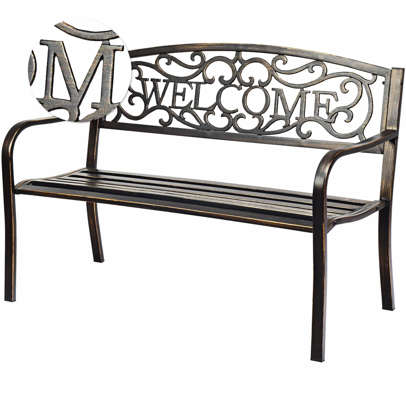 COSTWAY Ławka ogrodowa metalowa żeliwna na 2-3 osoby z oparciem i podłokietnikami 127x63.5x89 cm