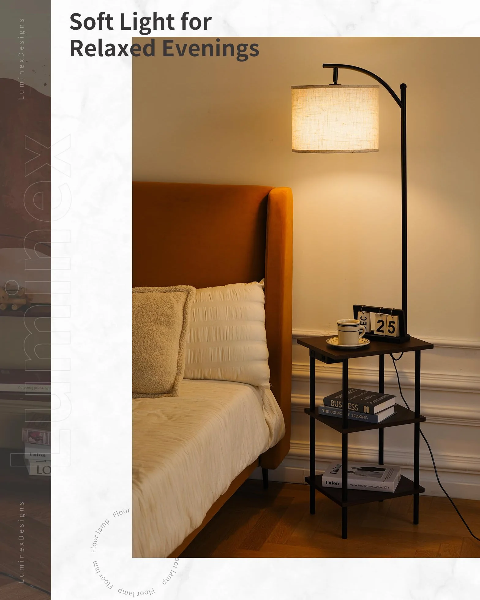Lampa podłogowa z 3-poziomową półką, porty ładowania USB typu C do salonu, sypialni i biura, bez żarówki