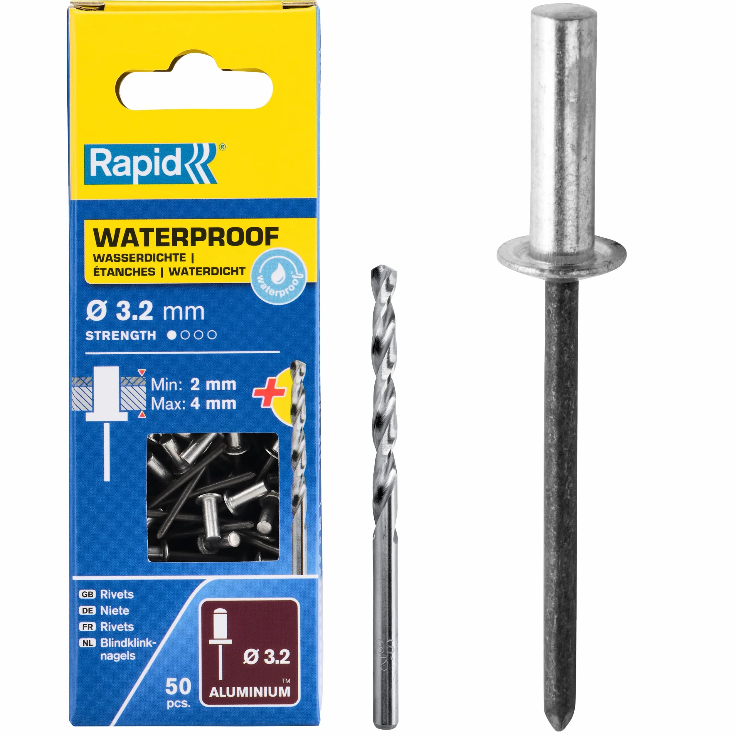 Rapid Nity zrywalne wodoszczelne Ø 3,2 mm, zakres zacisku 2-4 mm, 50 szt. nity aluminiowe, zestaw zawiera wiertła, do szczypiec nitowniczych