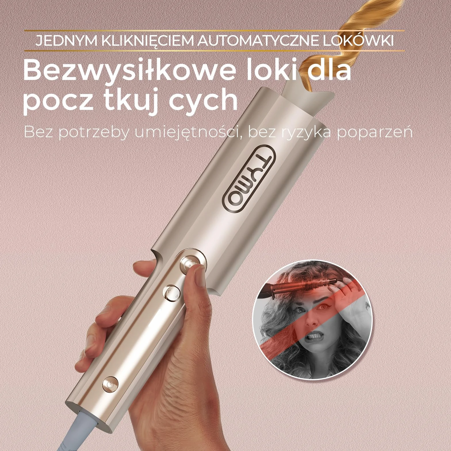 Lokówka Automatyczna - Duże Loczki 25mm Fale Plażowe Lokówka do Długich Włosów TYMO Curlpro Plus Curling Wand Automatyczna Anti-Poparzeniowa Szybkie Nagrzewanie Złoty