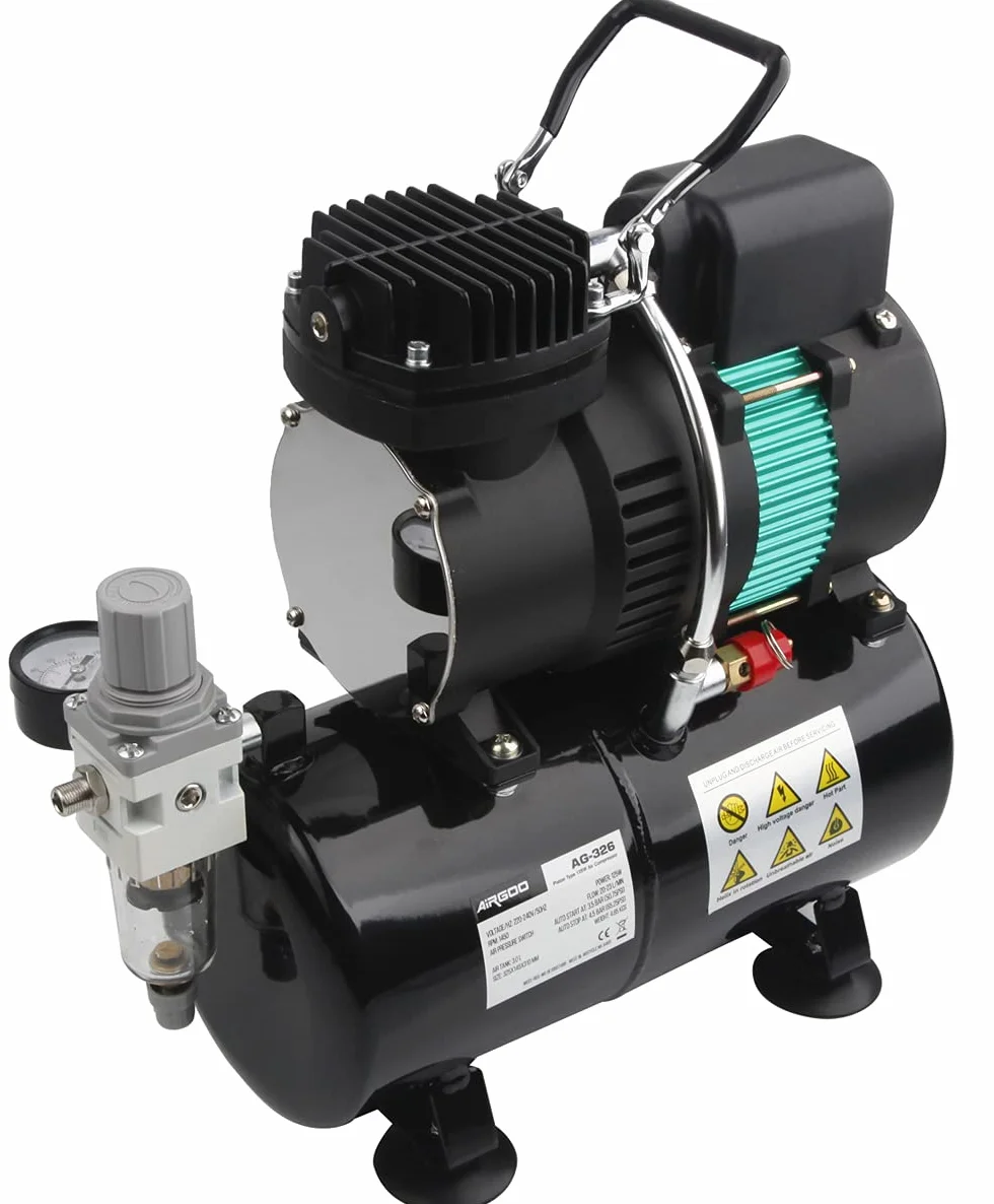 Airgoo Luxus Airbrush AG-326 Kompresor z dwoma wentylatorami chłodzącymi i zbiornikiem powietrza 3 l, regulatorem, pochłaniaczem wilgoci, do hobby, dekoracji żywności, tatuażu, grafiki