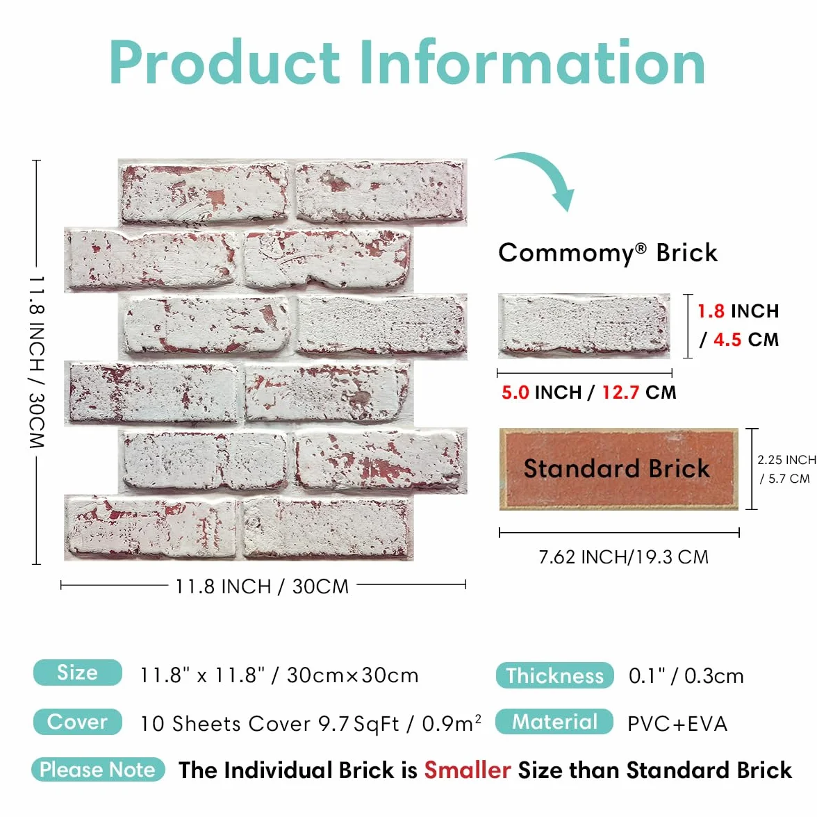Commomy 10 sztuk paneli ściennych 3D o sztuczna cegła samoprzylepna, panele ścienne o wyglądzie kamienia, 30 cm x 30 cm, PCW, wodoodporny, do salonu, sypialni, kuchni, kominka