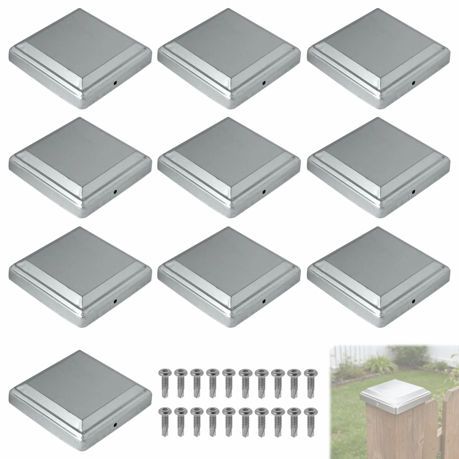 10 szt. Drewniane nasadki na słupki 80 mm x 80 mm ze śrubami, ocynkowane słupki ogrodzeniowe, wodoodporne i wiatroszczelne, do ochrony słupków ogrodzeniowych