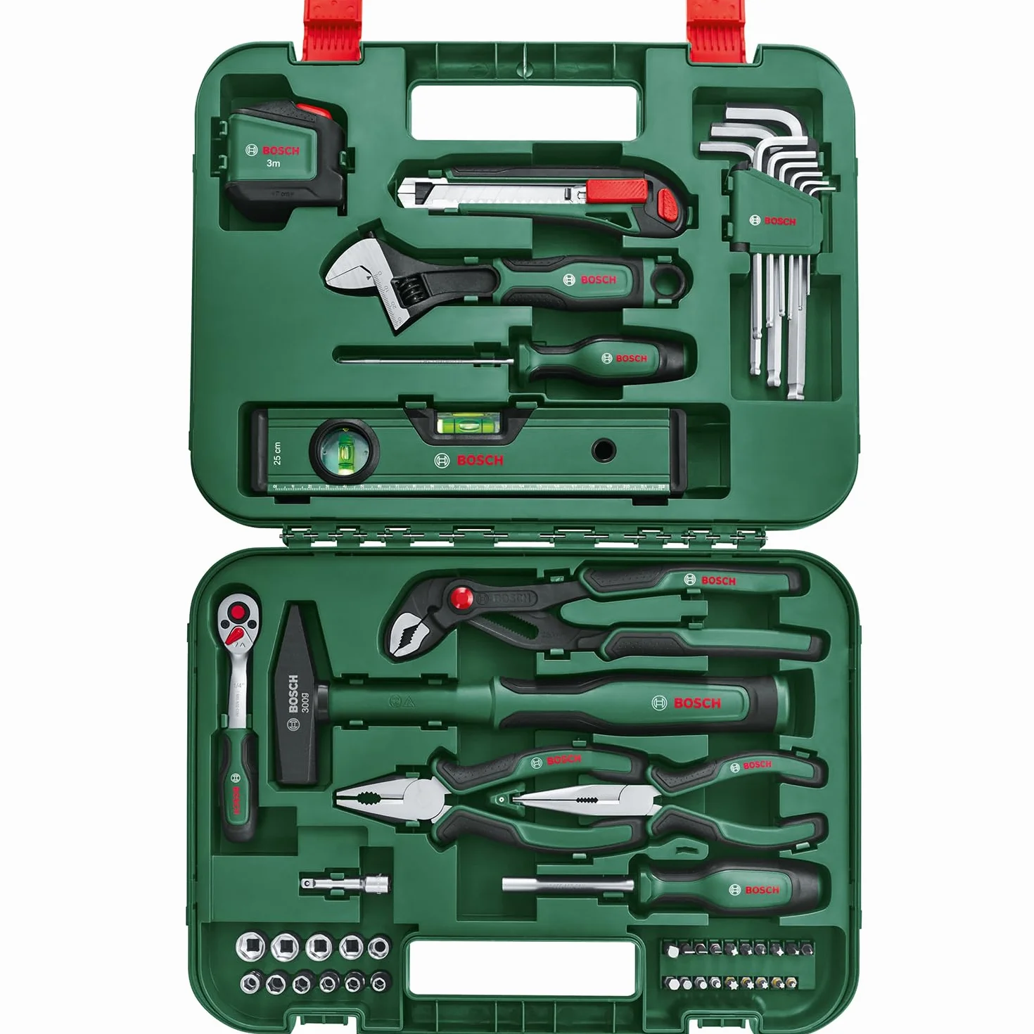 Bosch Home And Garden: 26-częściowy zestaw narzędzi z grzechotką ¼", kombinerkami, wkrętakiem uniwersalnym, końcówkami wkręcającymi i innymi elementami