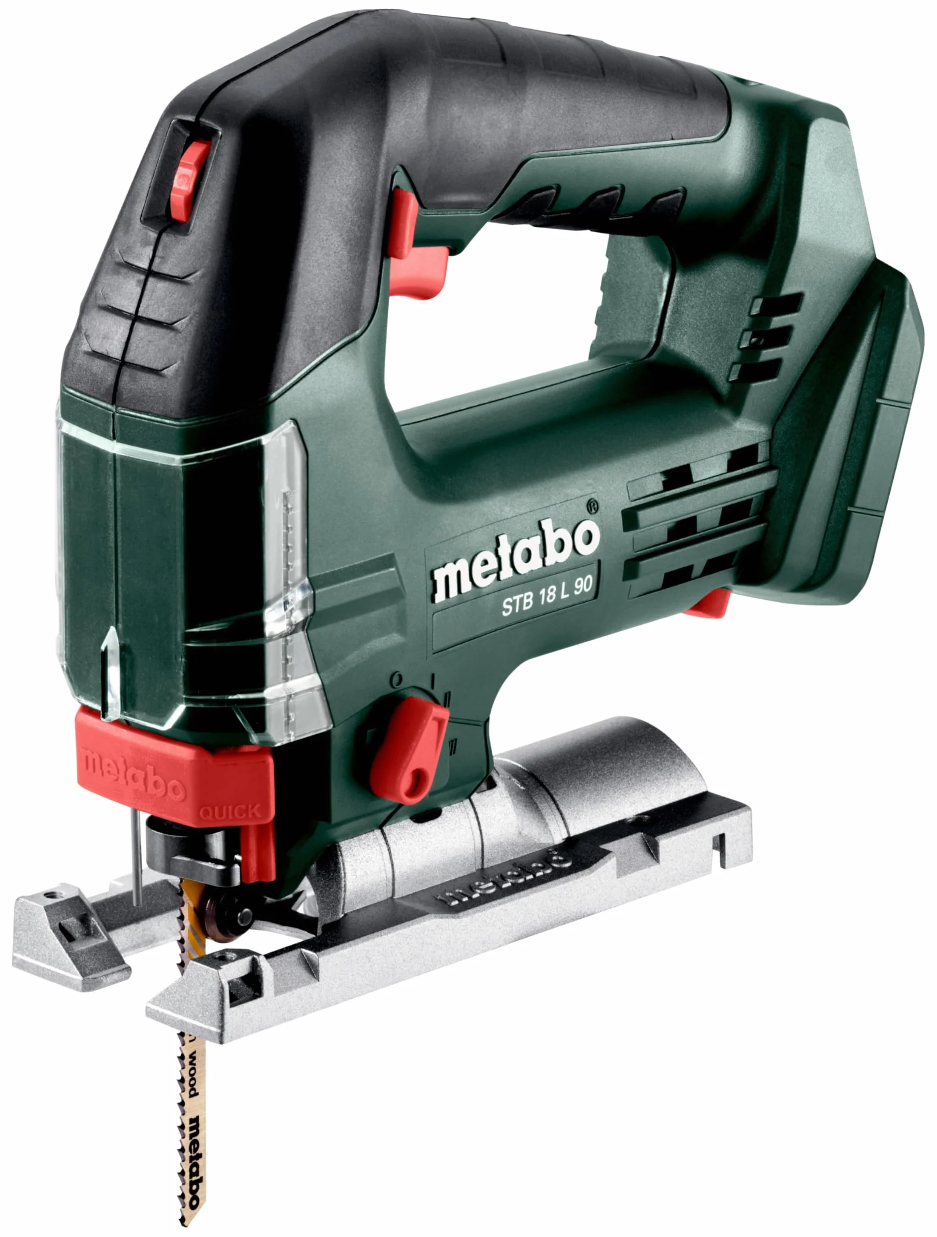 metabo Wyrzynarka akumulatorowa STB 18 L 90-18 V, CAS, głębokość cięcia 90 mm, 4-krotny skok wahadła – beznarzędziowa wymiana brzeszczotu, Softgrip, funkcja dmuchania wiórów, światło LED, odsysanie